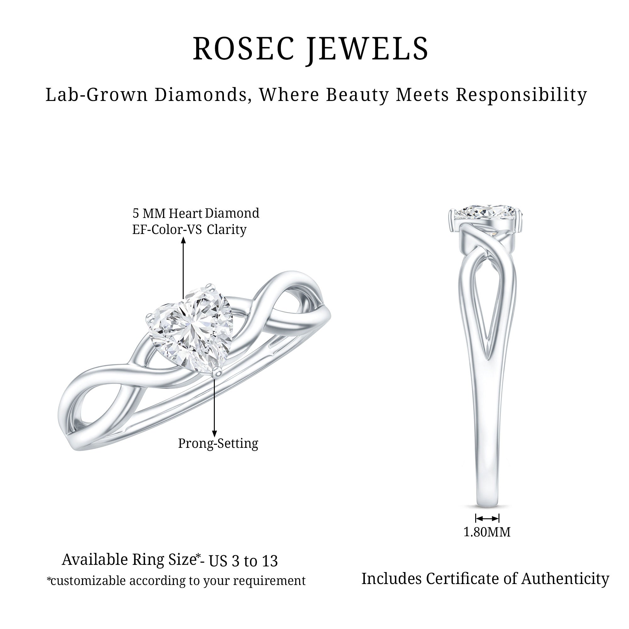 Lab Grown Diamond Heart Promise Ring in Crossover Shank Lab - ( EF-VS ) - Rosec Jewels
