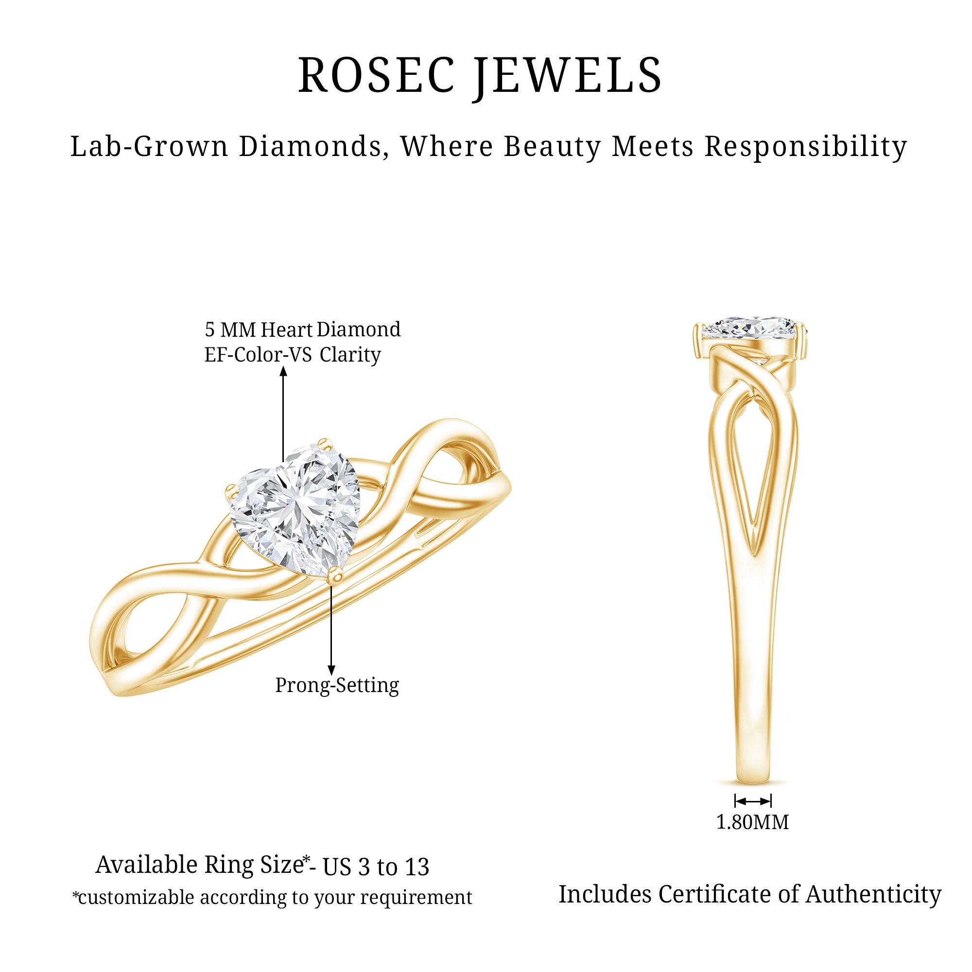 Lab Grown Diamond Heart Promise Ring in Crossover Shank Lab - ( EF-VS ) - Rosec Jewels