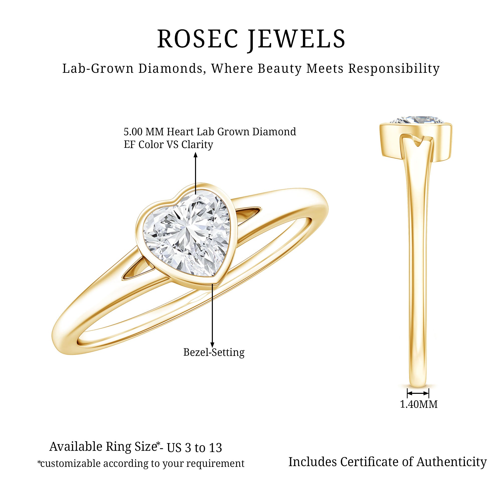 Heart Shape Lab Grown Diamond Solitaire Ring in Split Shank Lab - ( EF-VS ) - Rosec Jewels