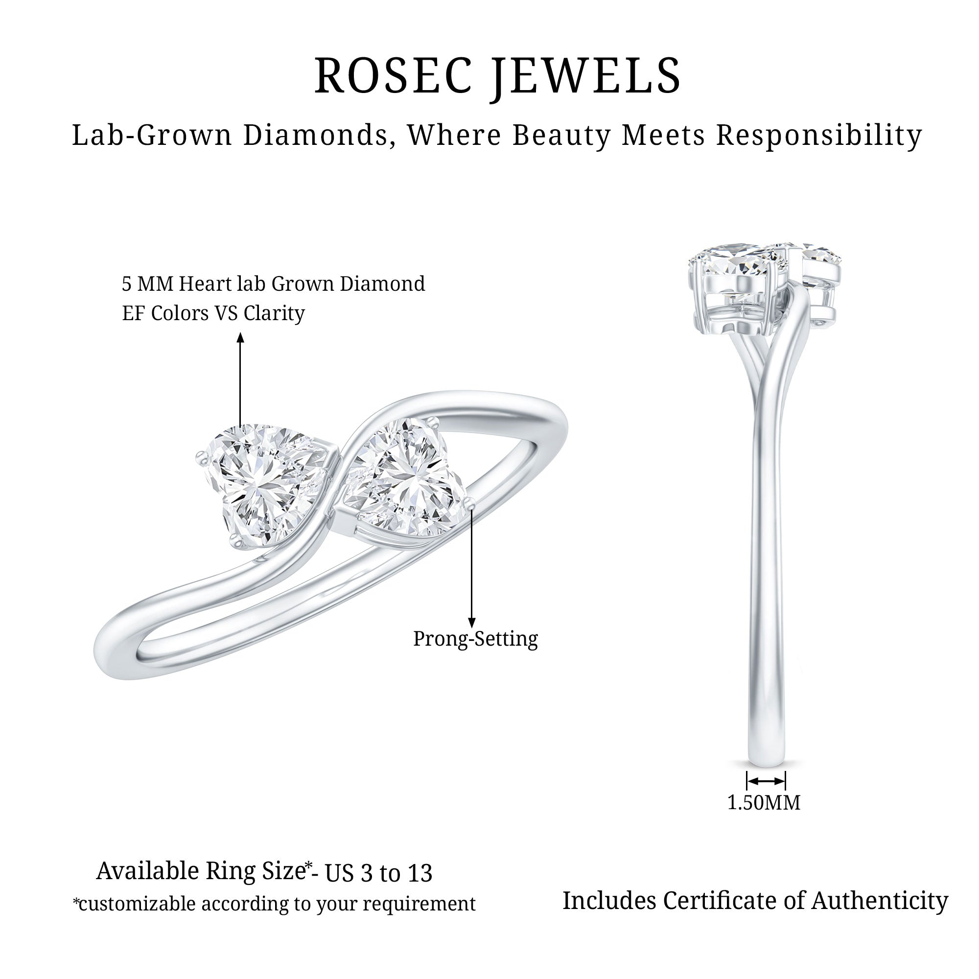 Heart Shape Lab Grown Diamond Toi Et Moi Promise Ring Lab - ( EF-VS ) - Rosec Jewels