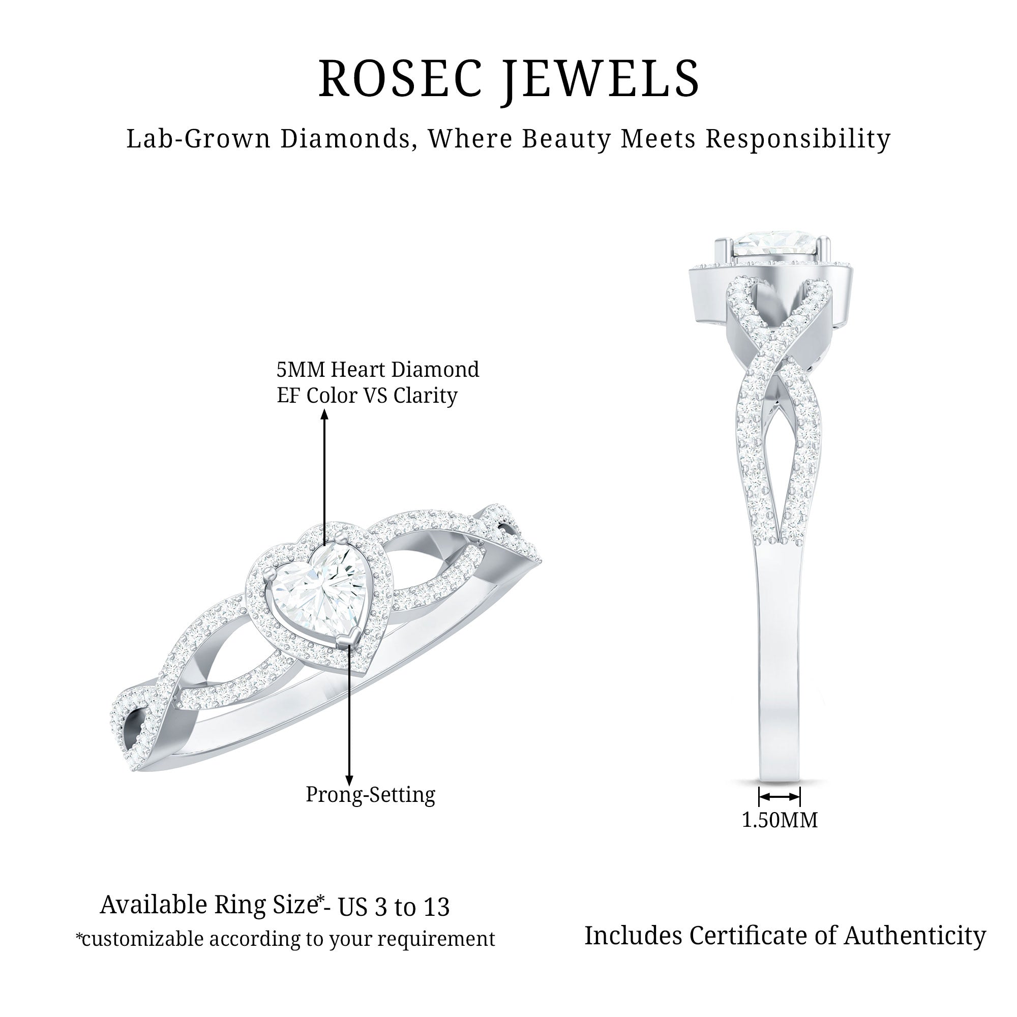 Heart Shape Lab Grown Diamond Criss Cross Engagement Ring Lab - ( EF-VS ) - Rosec Jewels