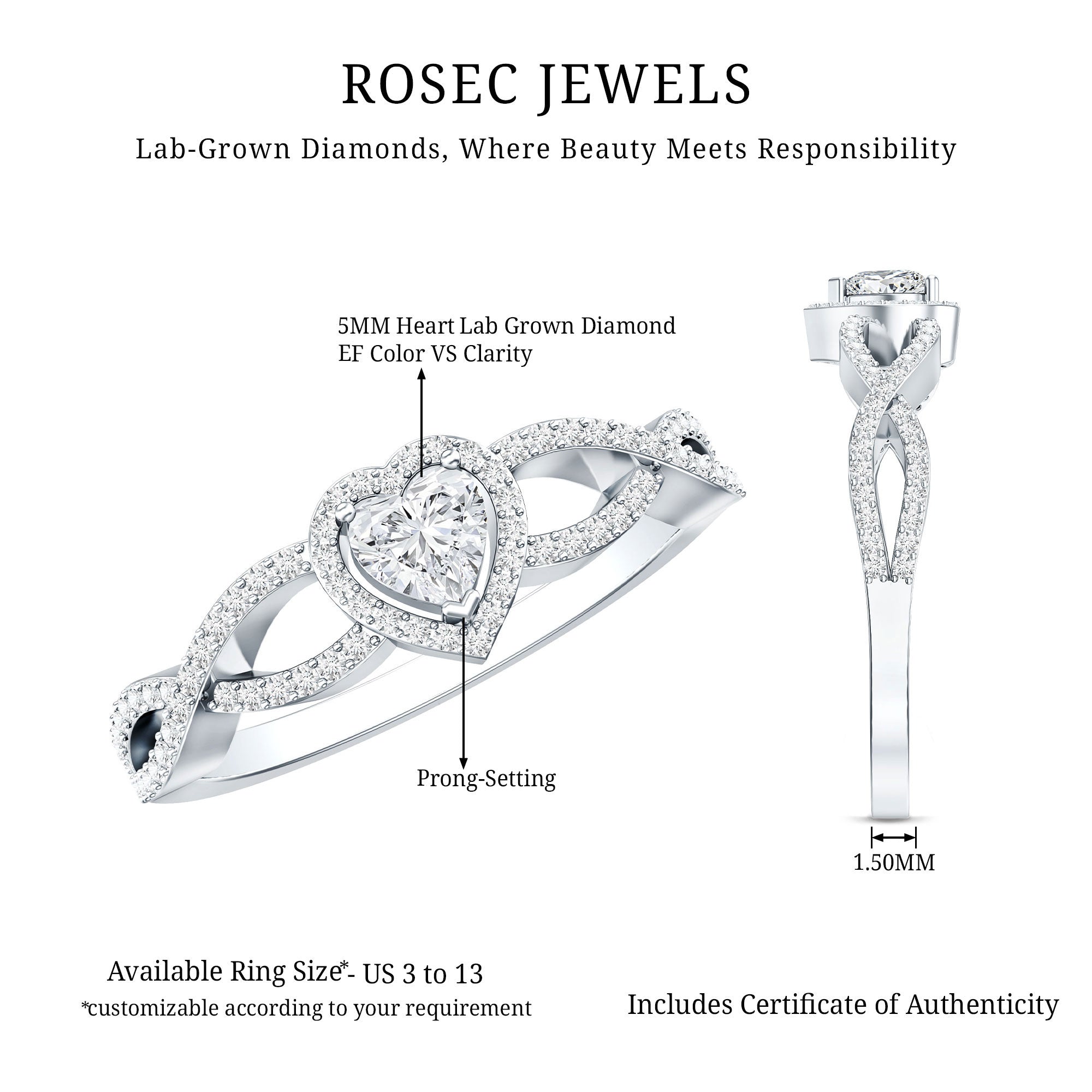 Heart Shape Lab Grown Diamond Criss Cross Engagement Ring Lab - ( EF-VS ) - Rosec Jewels