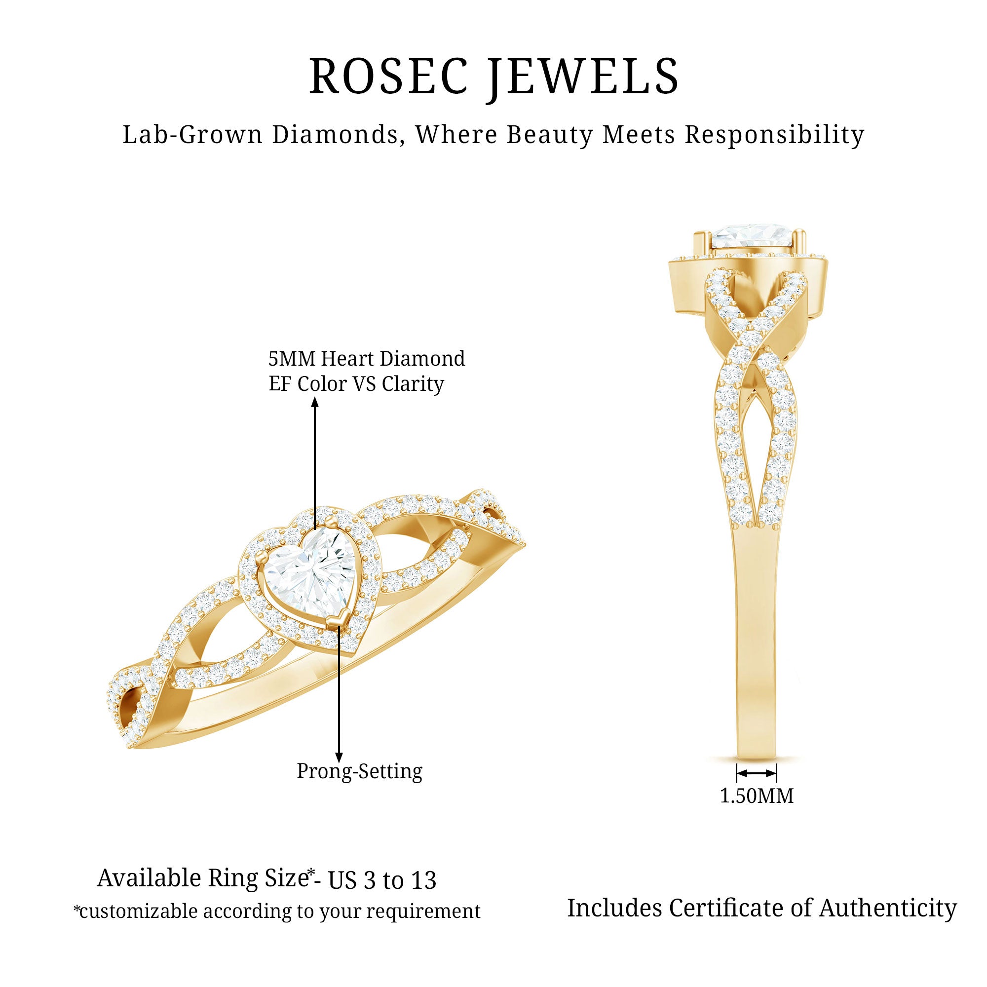 Heart Shape Lab Grown Diamond Criss Cross Engagement Ring Lab - ( EF-VS ) - Rosec Jewels
