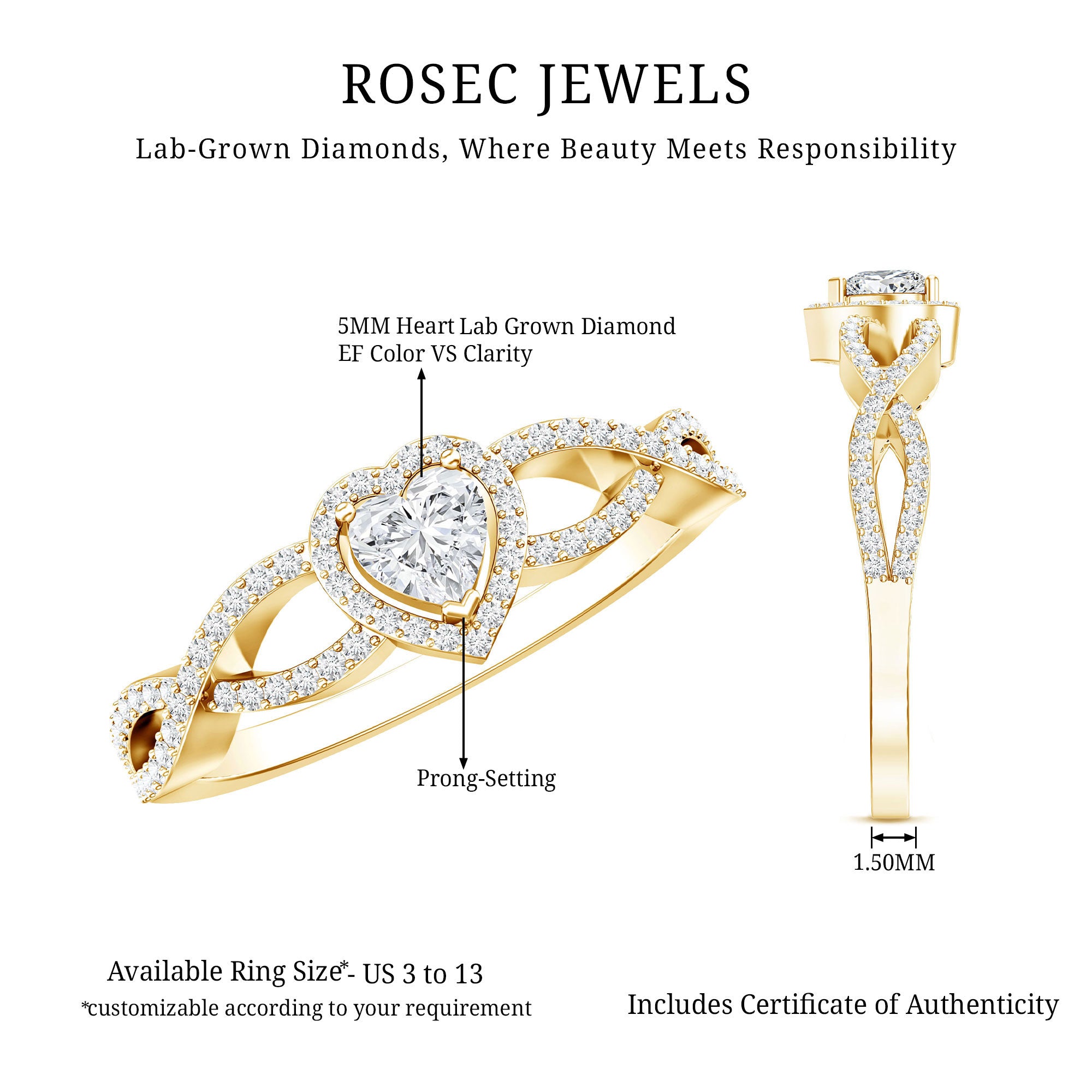 Heart Shape Lab Grown Diamond Criss Cross Engagement Ring Lab - ( EF-VS ) - Rosec Jewels