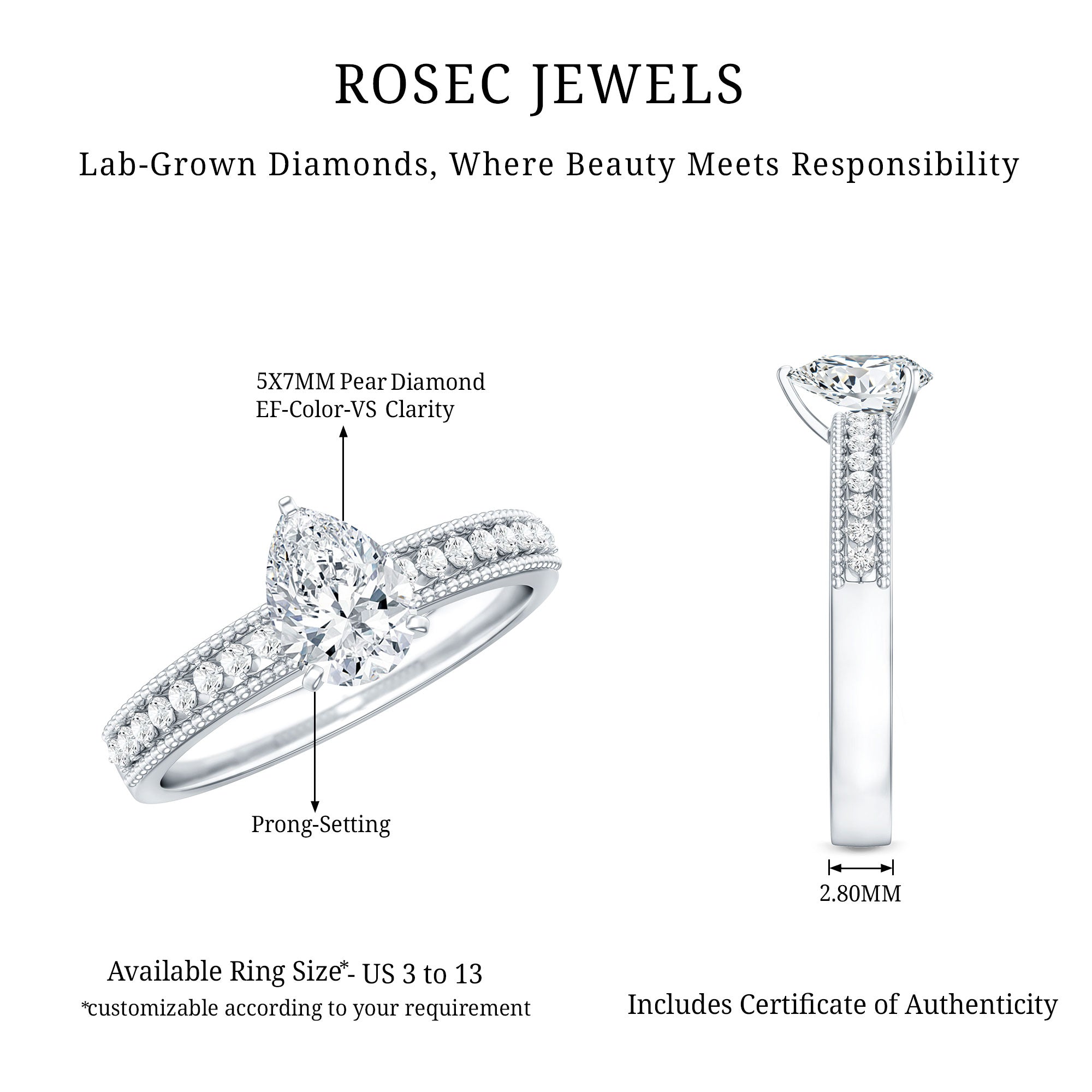 Pear Shaped Lab Grown Diamond Solitaire Engagement Ring Lab - ( EF-VS ) - Rosec Jewels