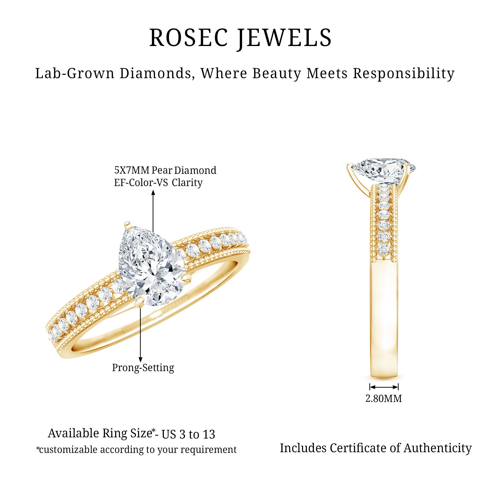 Pear Shaped Lab Grown Diamond Solitaire Engagement Ring Lab - ( EF-VS ) - Rosec Jewels