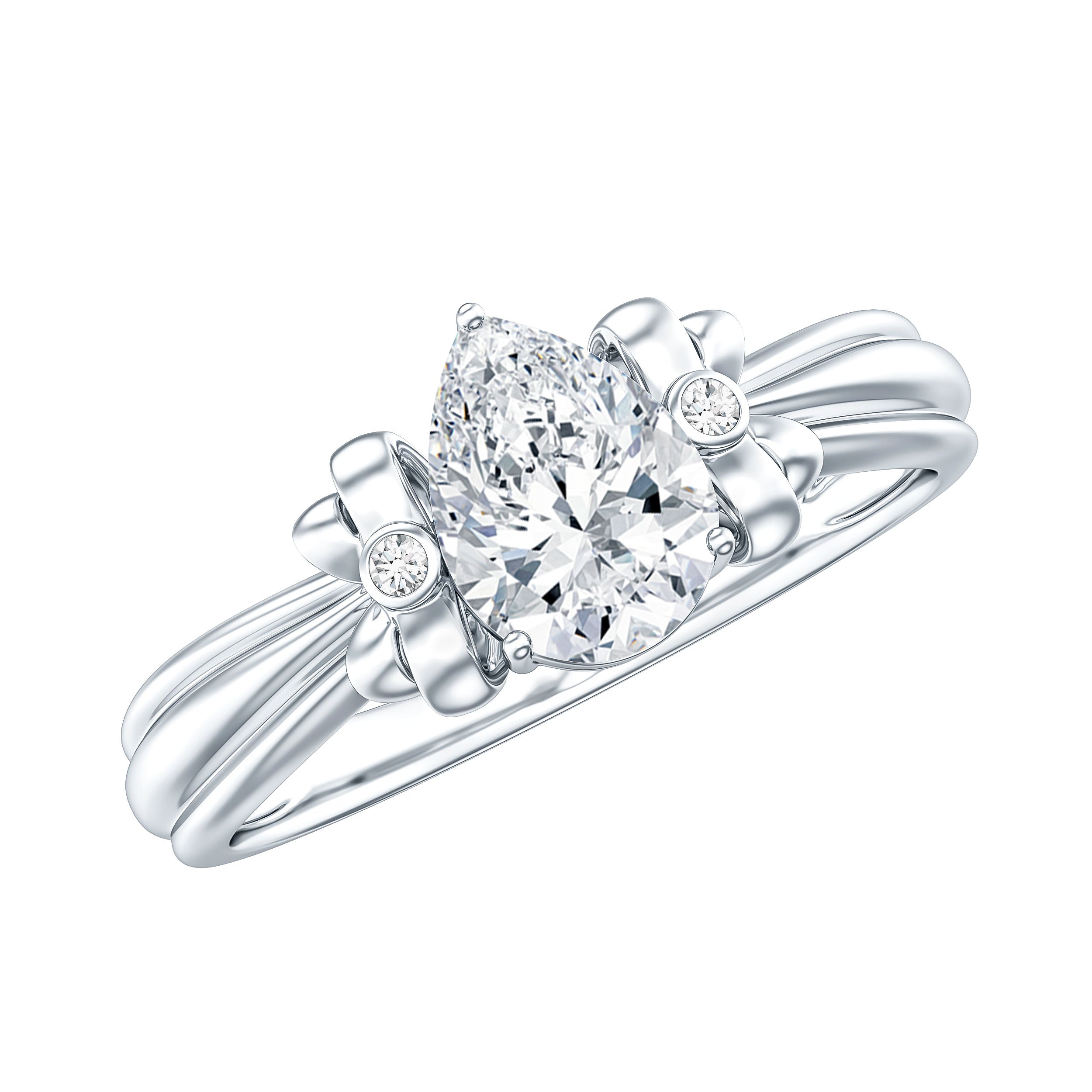 Pear Cut Lab Grown Diamond Solitaire Engagement Ring with Bow Lab - ( EF-VS ) - Rosec Jewels
