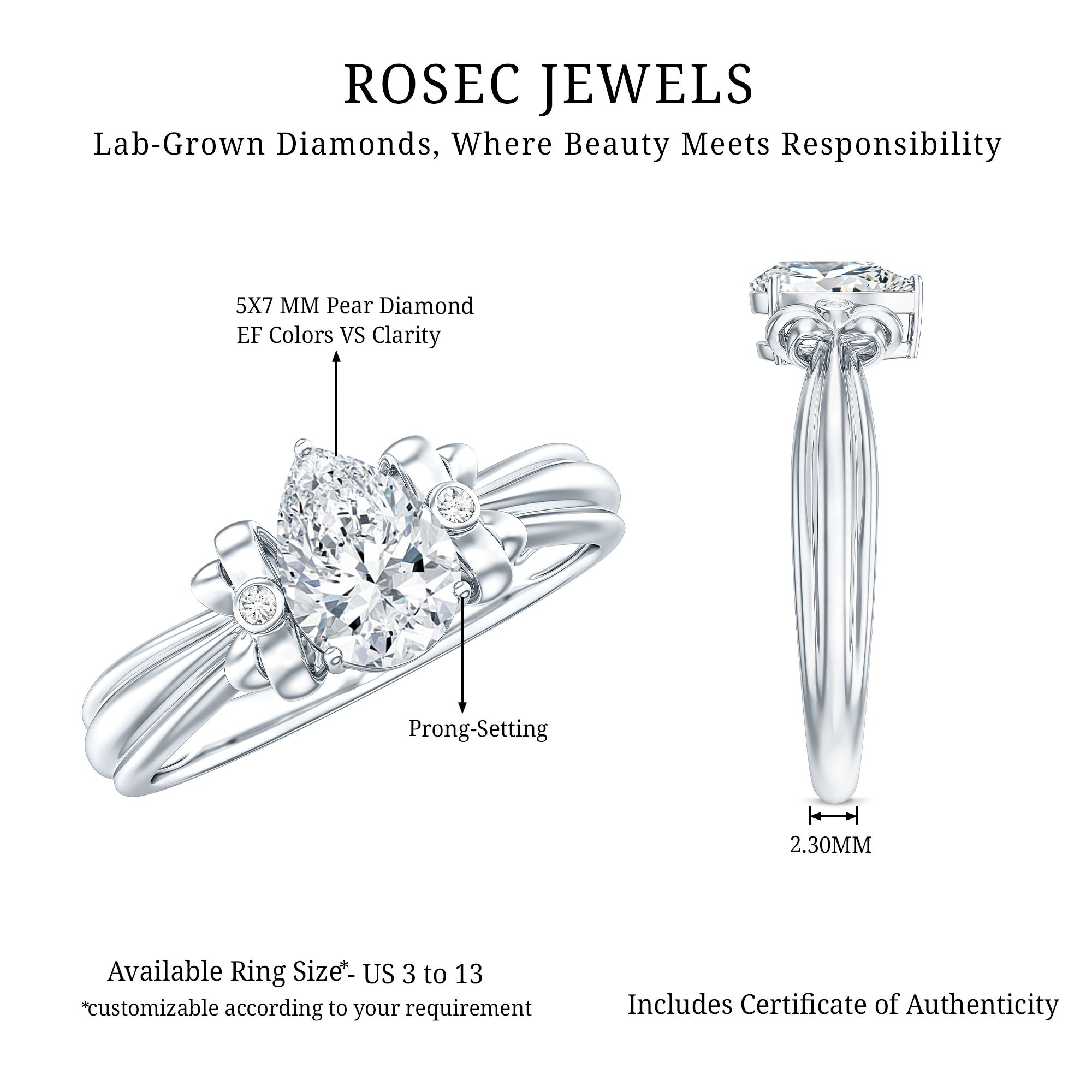 Pear Cut Lab Grown Diamond Solitaire Engagement Ring with Bow Lab - ( EF-VS ) - Rosec Jewels