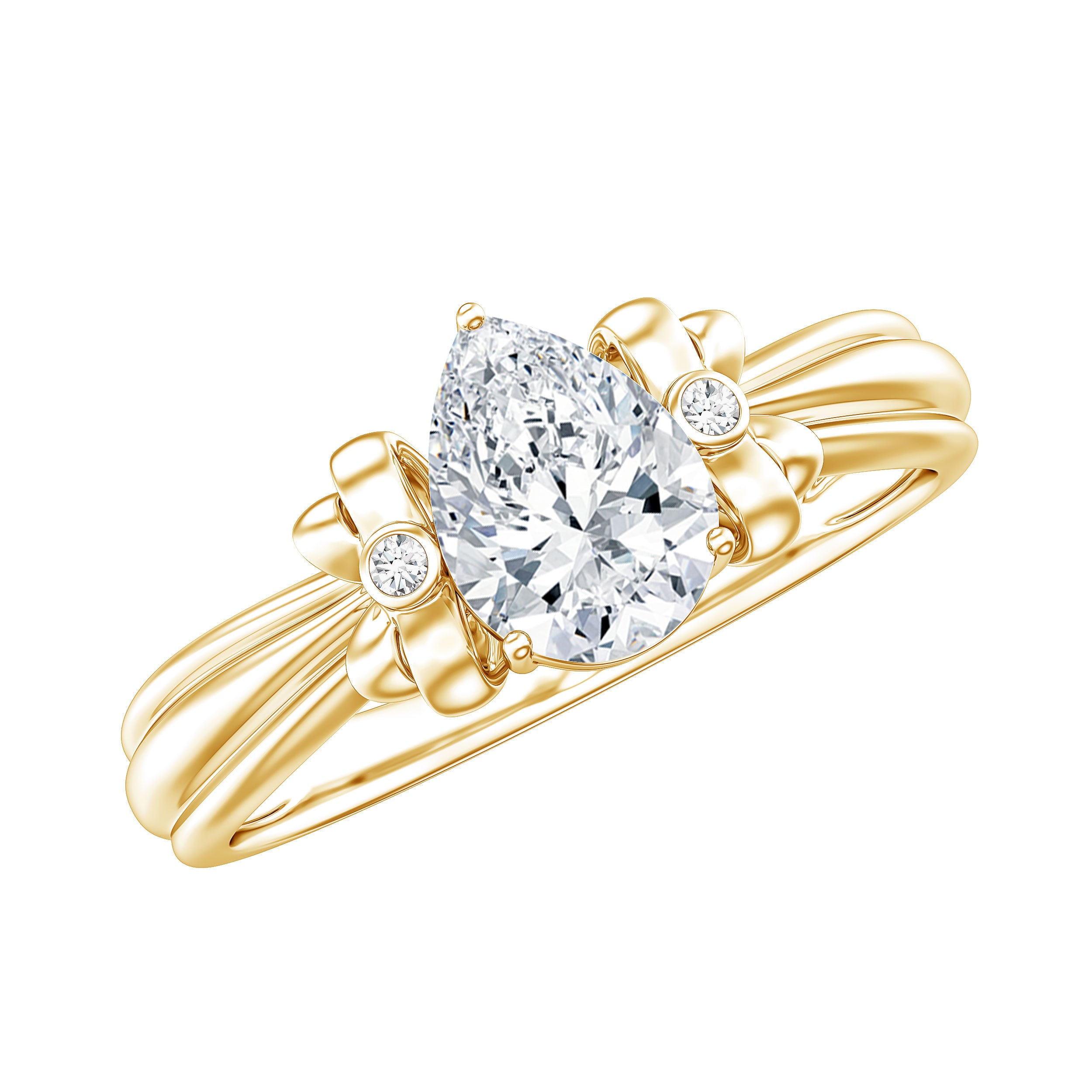 Pear Cut Lab Grown Diamond Solitaire Engagement Ring with Bow Lab - ( EF-VS ) - Rosec Jewels