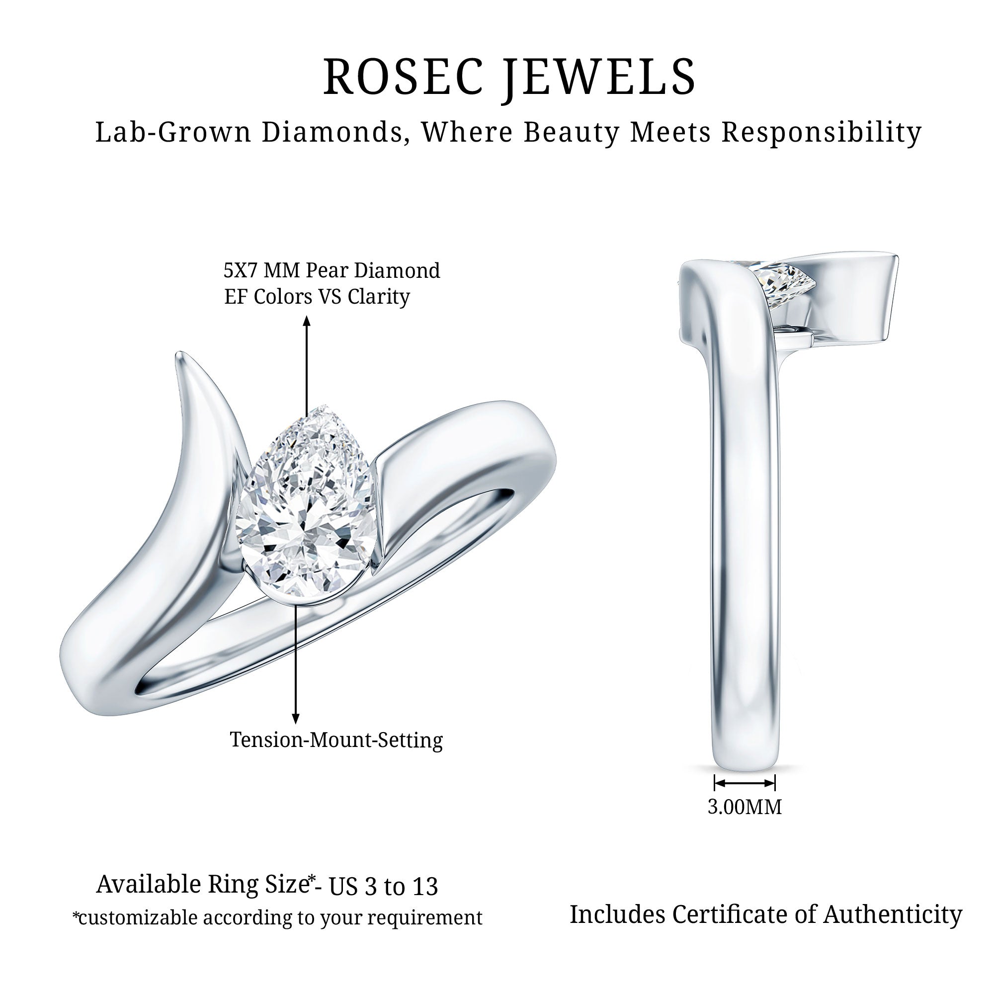 Pear Shape Lab Grown Diamond Solitaire Bypass Ring Lab - ( EF-VS ) - Rosec Jewels