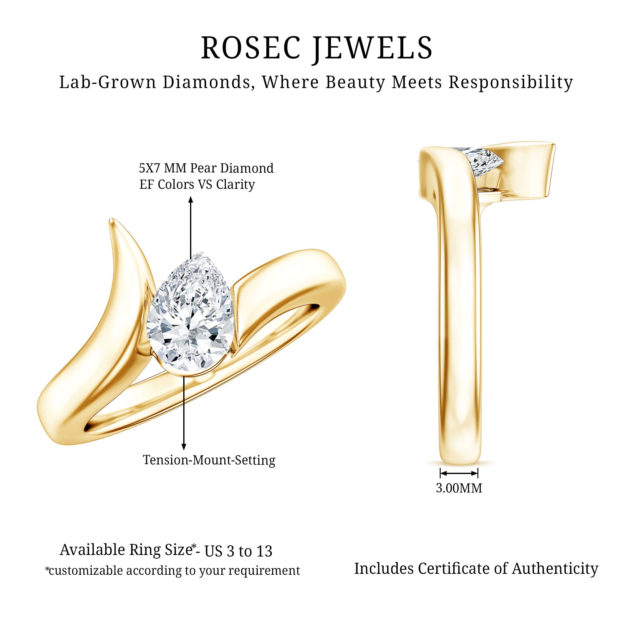 Pear Shape Lab Grown Diamond Solitaire Bypass Ring Lab - ( EF-VS ) - Rosec Jewels