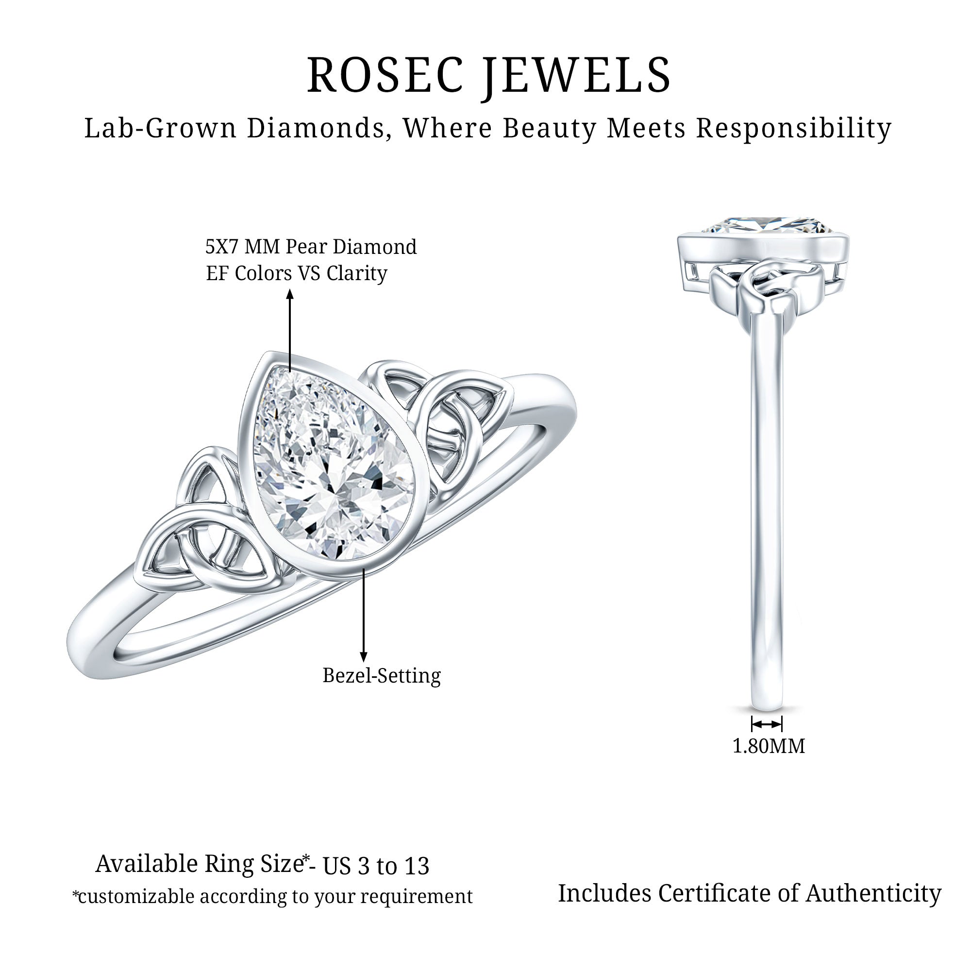 Pear Shape Lab Grown Diamond Solitaire Celtic Ring Lab - ( EF-VS ) - Rosec Jewels