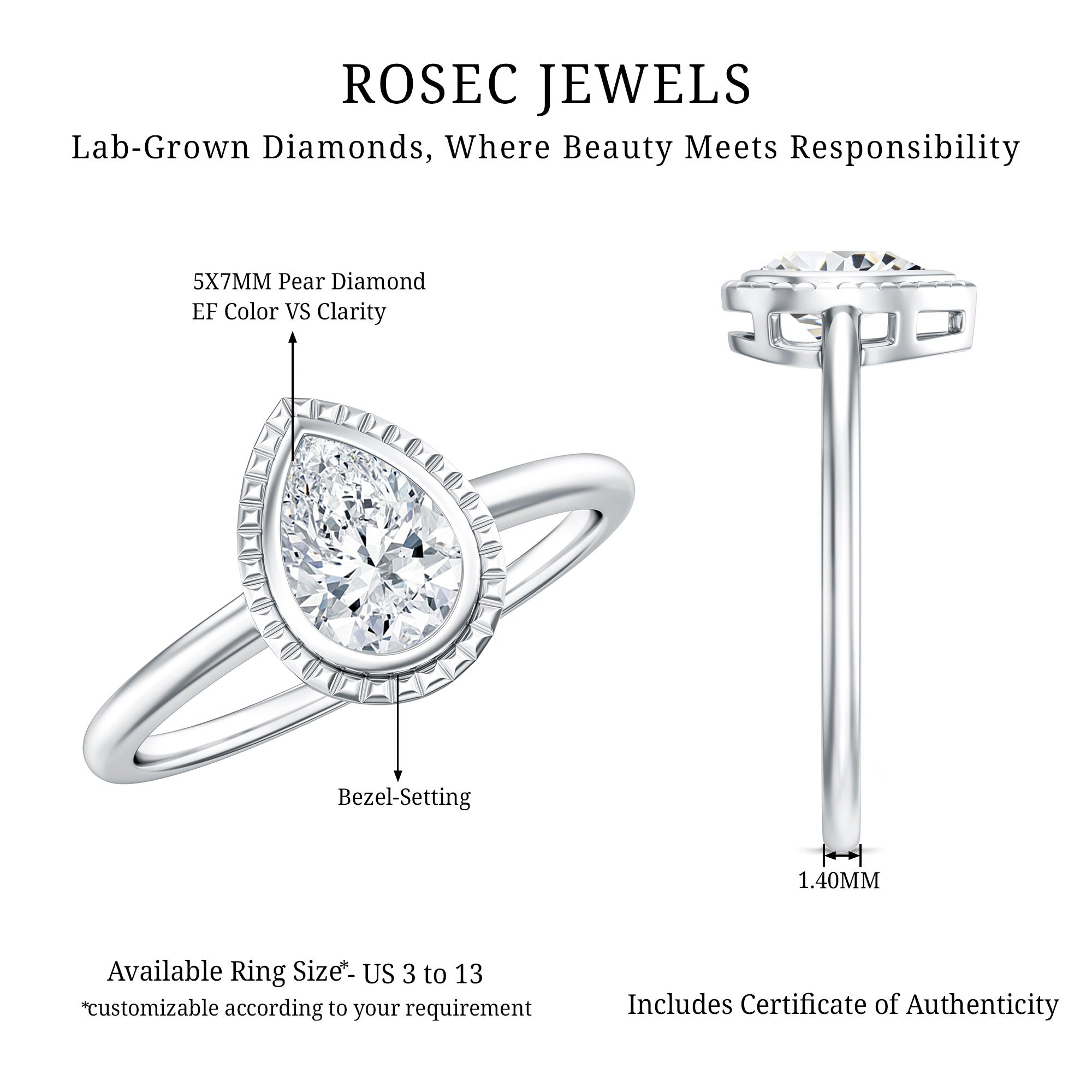 Pear Cut Lab Grown Diamond Solitaire Ring with Engraved Details Lab - ( EF-VS ) - Rosec Jewels