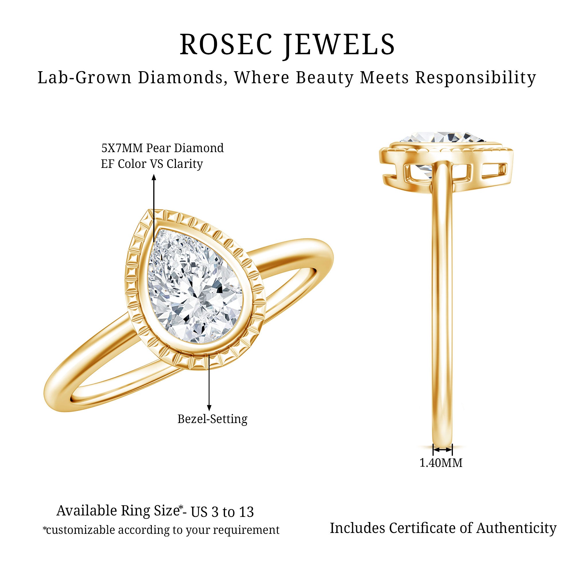 Pear Cut Lab Grown Diamond Solitaire Ring with Engraved Details Lab - ( EF-VS ) - Rosec Jewels