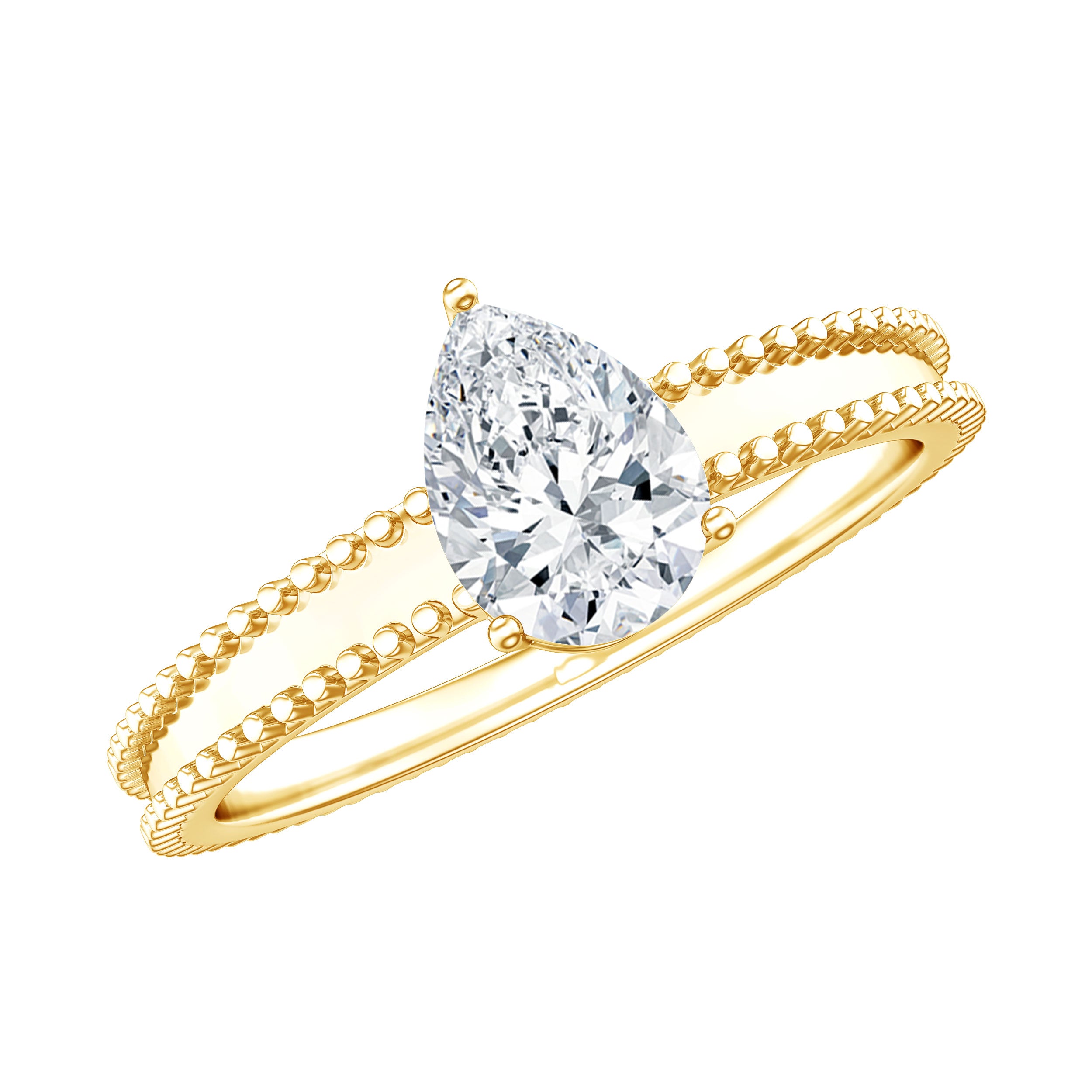 Pear Shaped Lab Grown Diamond Solitaire Ring with Beaded Detailing Lab - ( EF-VS ) - Rosec Jewels