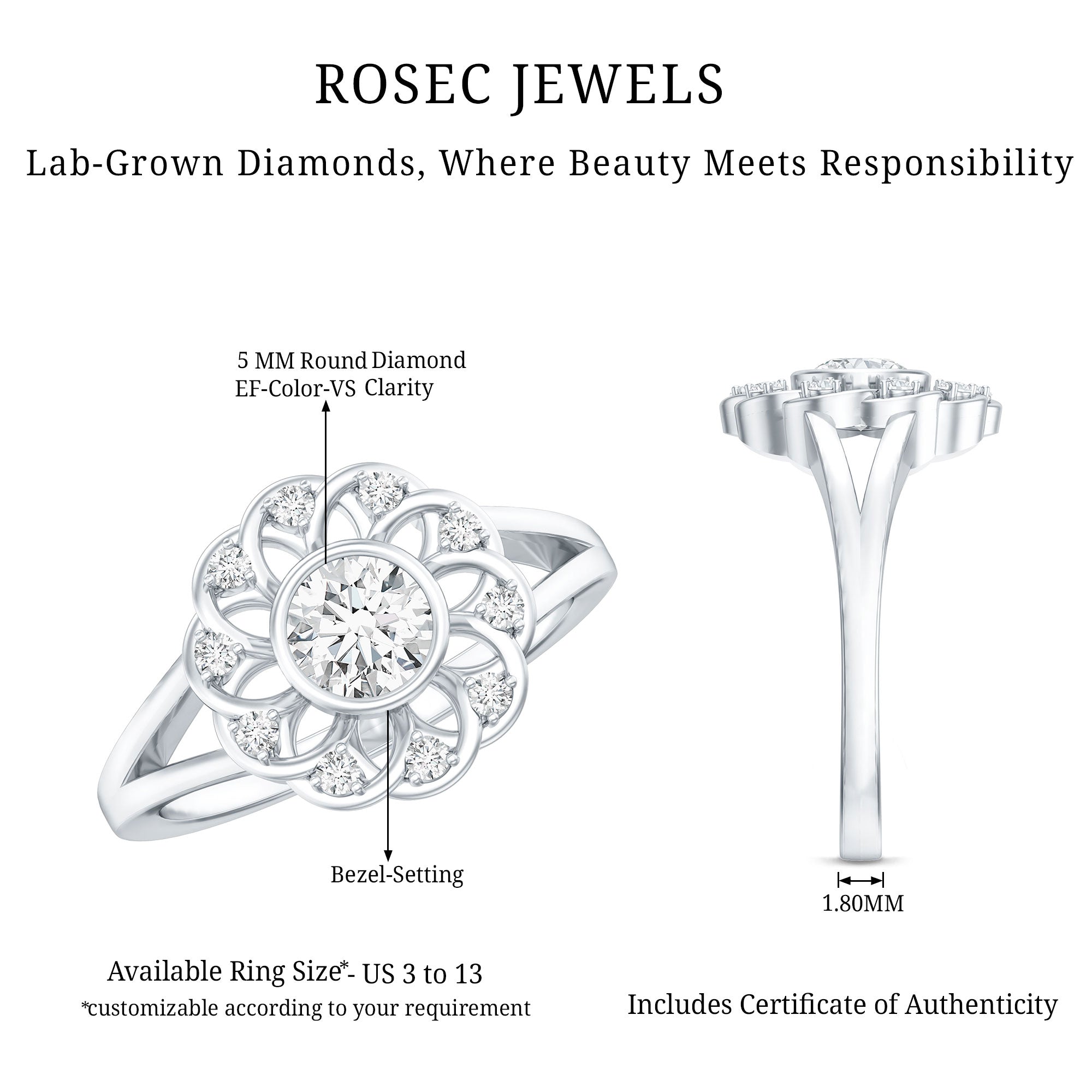 Lab Grown Diamond Nature Inspired Flower Engagement Ring Lab - ( EF-VS ) - Rosec Jewels