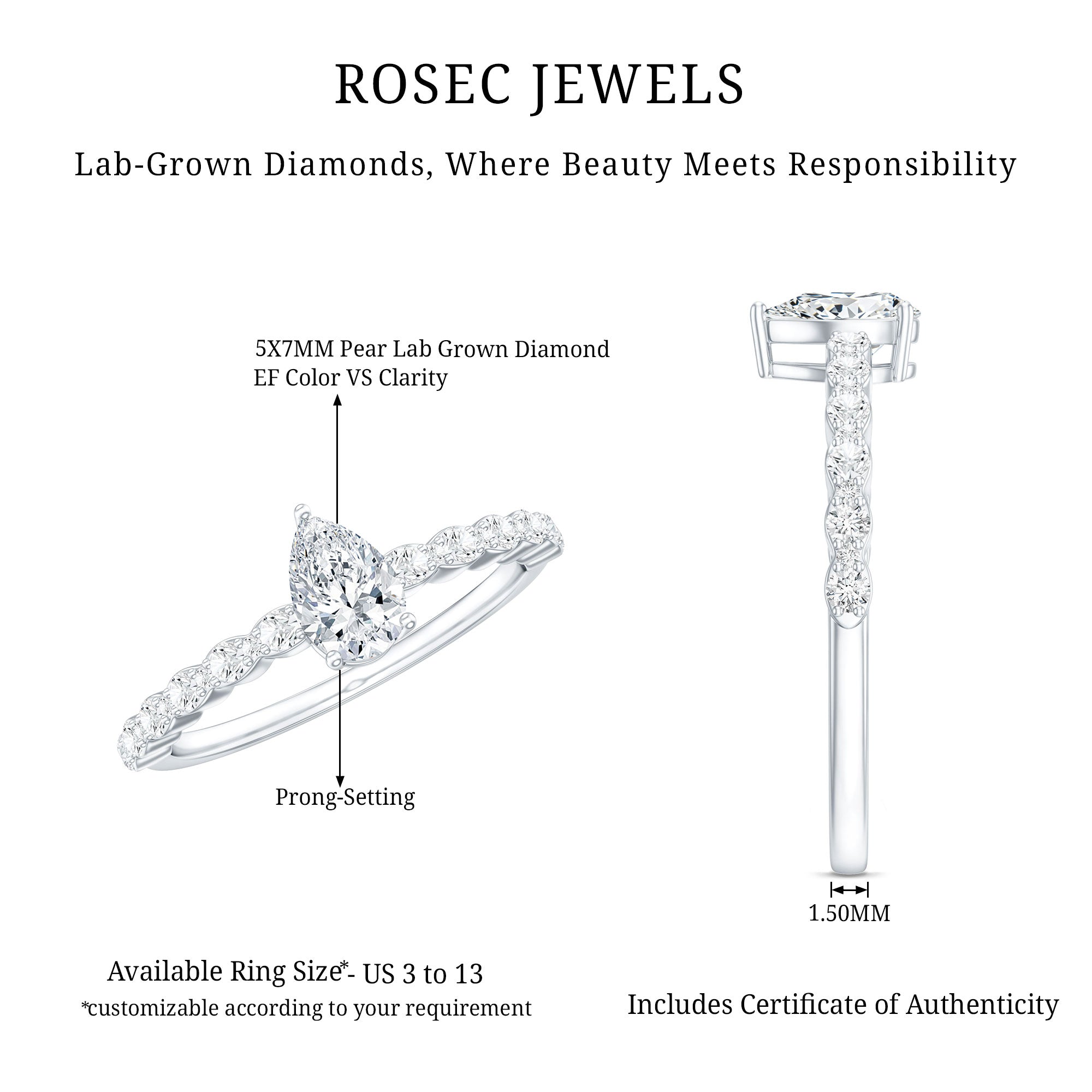 Pear Shape Lab Grown Diamond Solitaire Promise Ring with Side Stones Lab - ( EF-VS ) - Rosec Jewels
