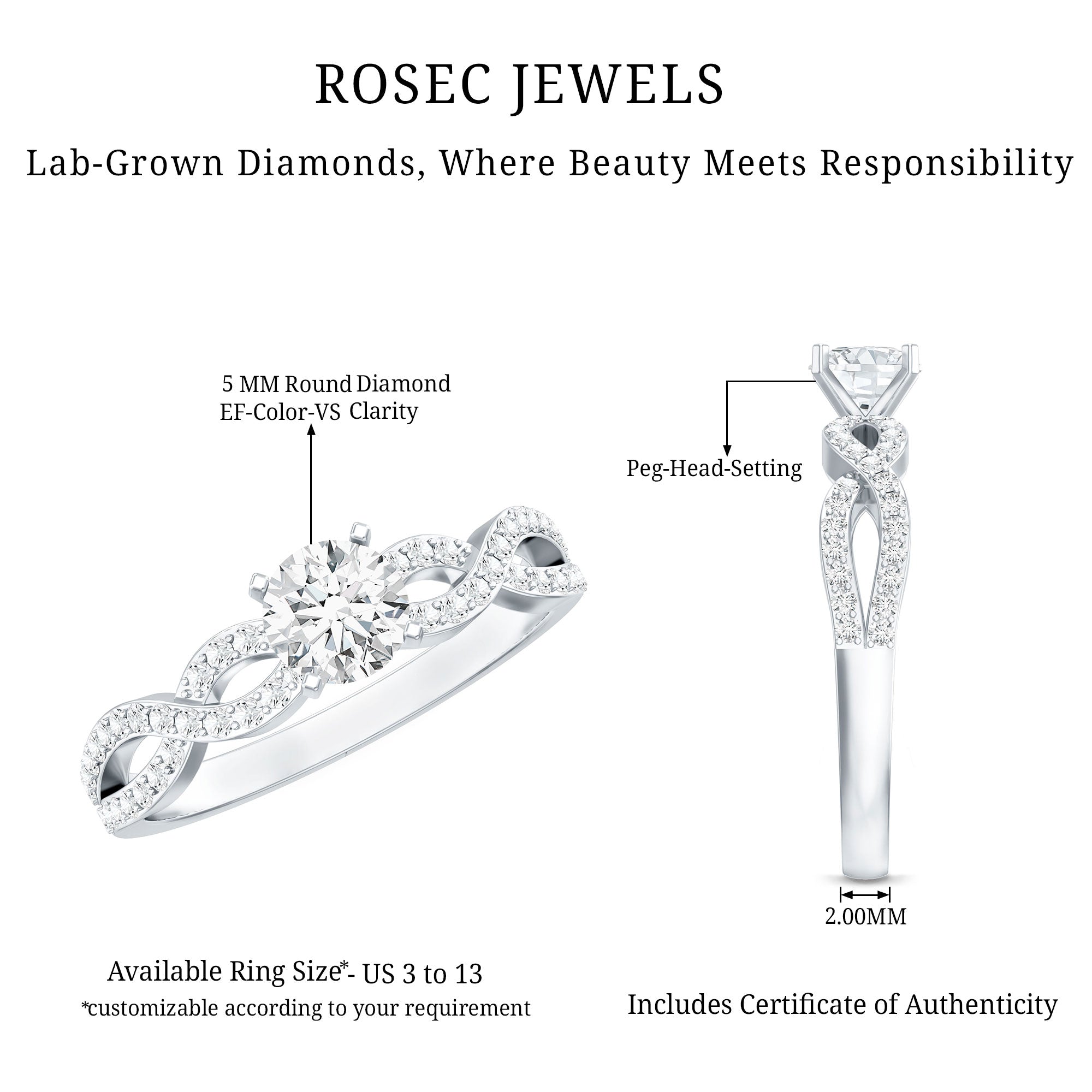 Round Lab Grown Diamond Infinity Solitaire Ring Lab - ( EF-VS ) - Rosec Jewels
