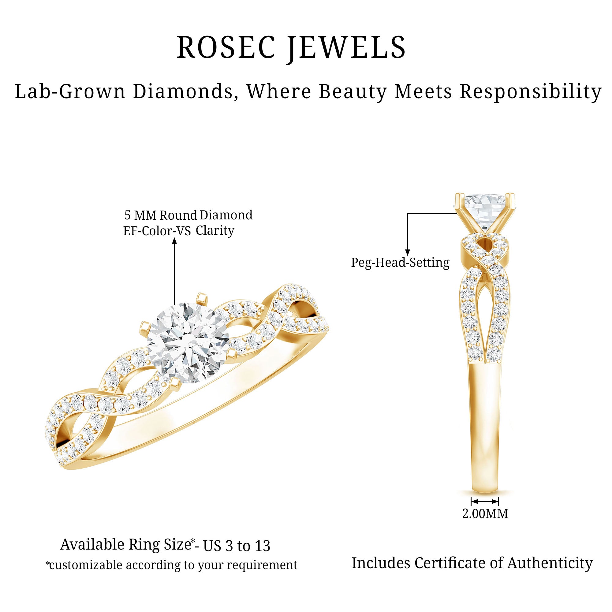 Round Lab Grown Diamond Infinity Solitaire Ring Lab - ( EF-VS ) - Rosec Jewels