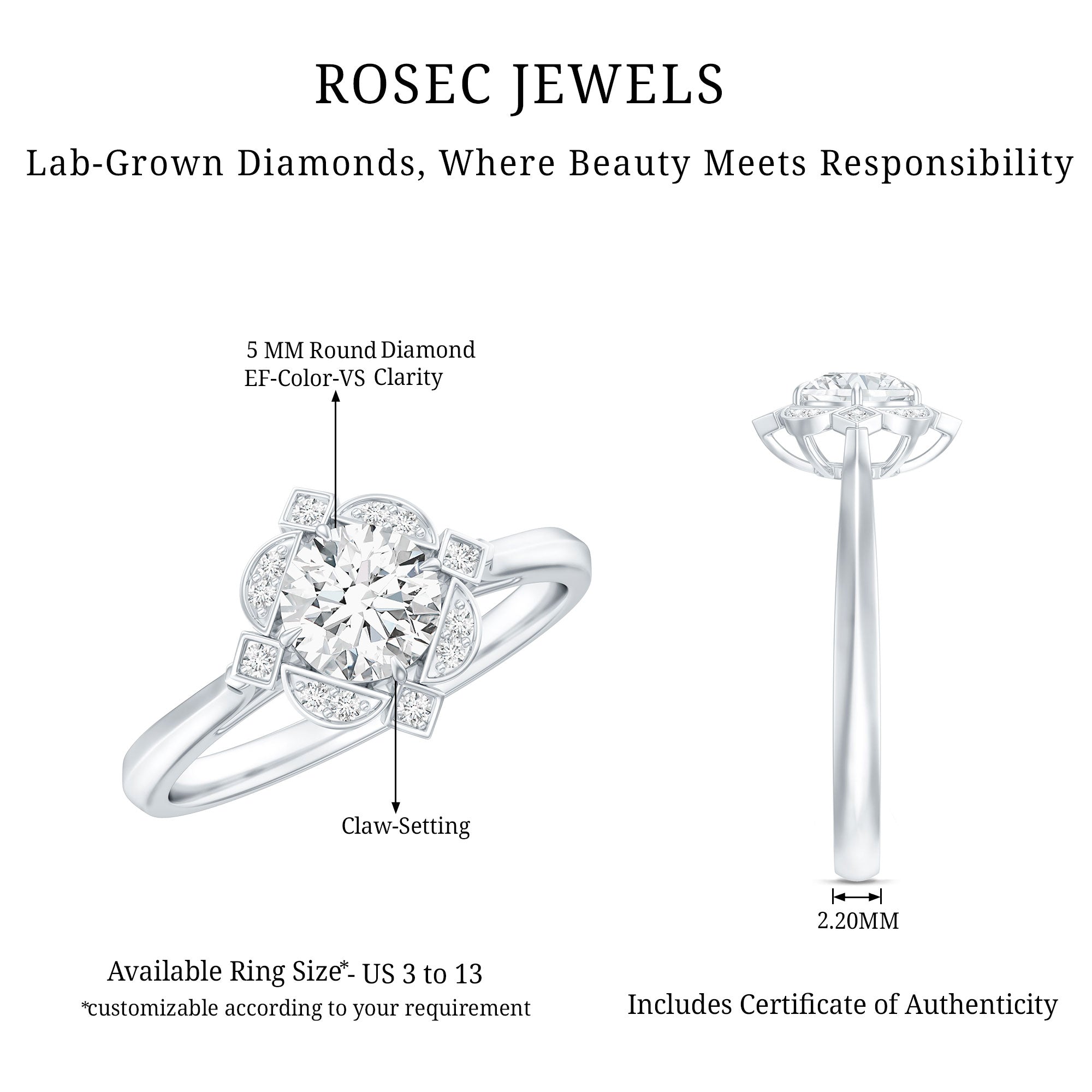 Vintage Style Lab Grown Diamond Engagement Ring Lab - ( EF-VS ) - Rosec Jewels