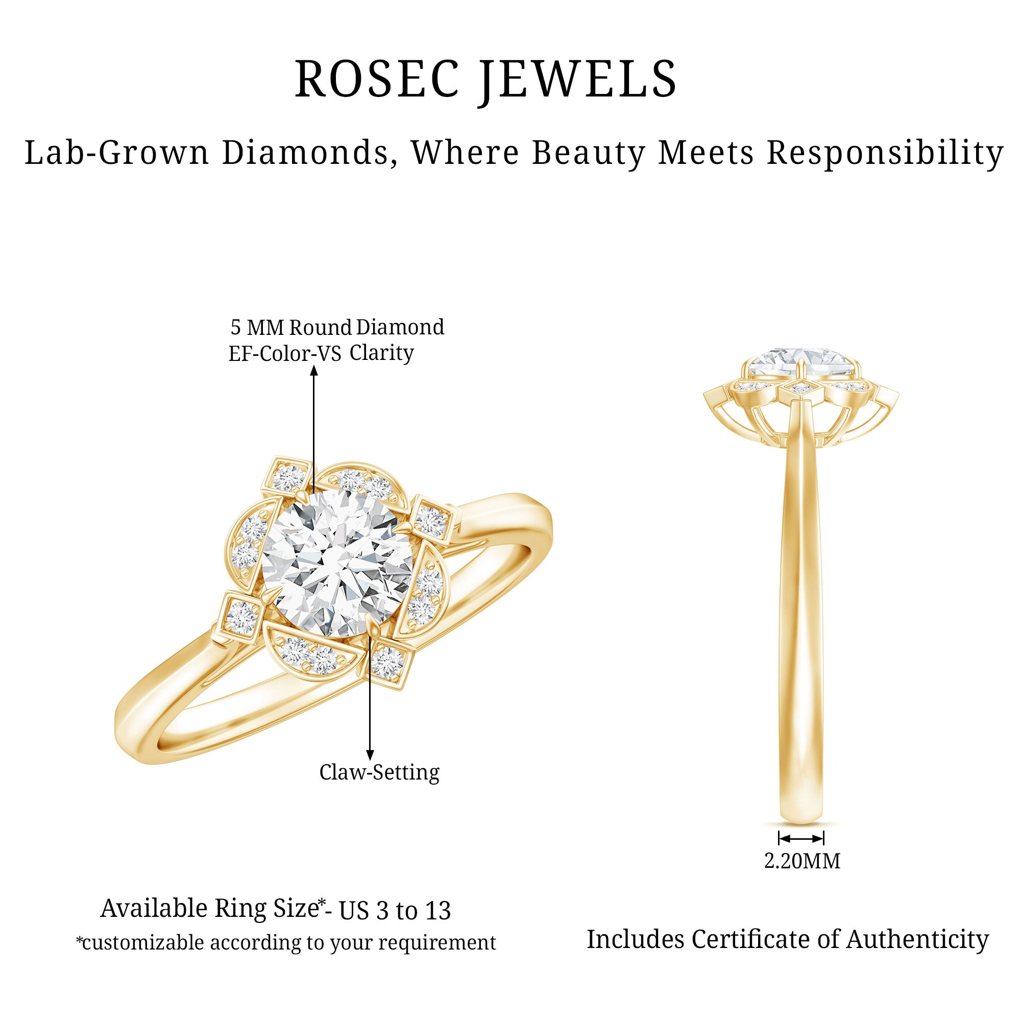 Vintage Style Lab Grown Diamond Engagement Ring Lab - ( EF-VS ) - Rosec Jewels