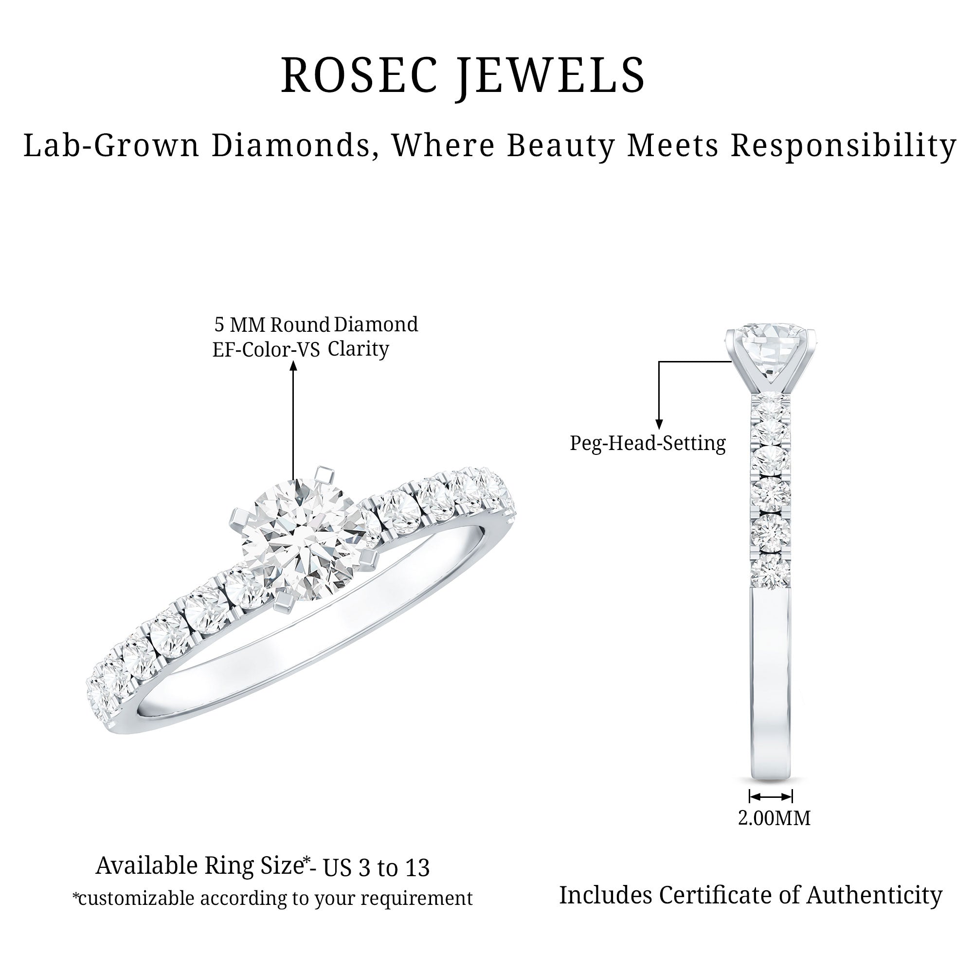 Minimal Solitaire Engagement Ring with Lab Grown Diamond Lab - ( EF-VS ) - Rosec Jewels