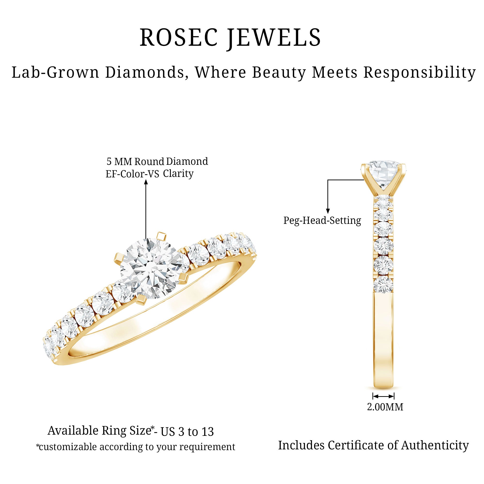 Minimal Solitaire Engagement Ring with Lab Grown Diamond Lab - ( EF-VS ) - Rosec Jewels
