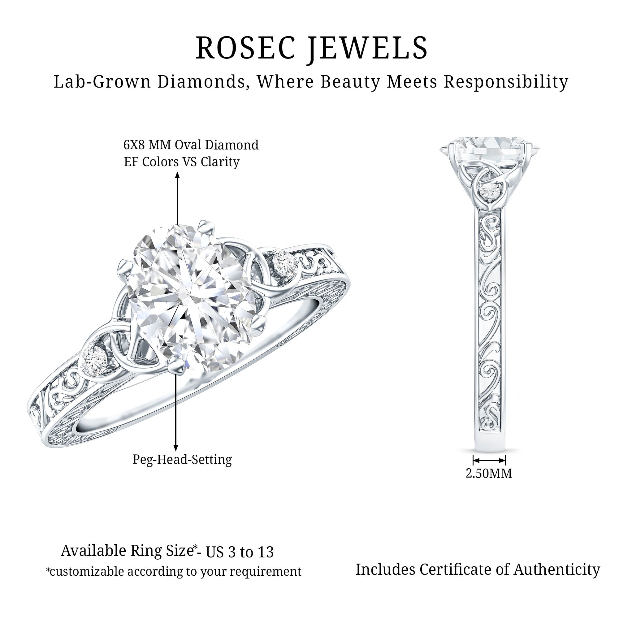 Antique Style Oval Shape Lab Grown Diamond Solitaire Celtic Knot Ring Lab - ( EF-VS ) - Rosec Jewels
