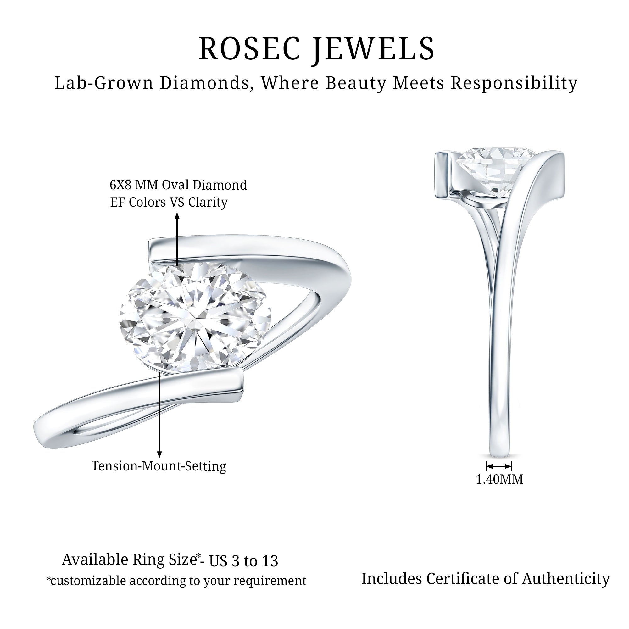 Simple Oval Shape Lab Grown Diamond Solitaire Bypass Ring Lab - ( EF-VS ) - Rosec Jewels