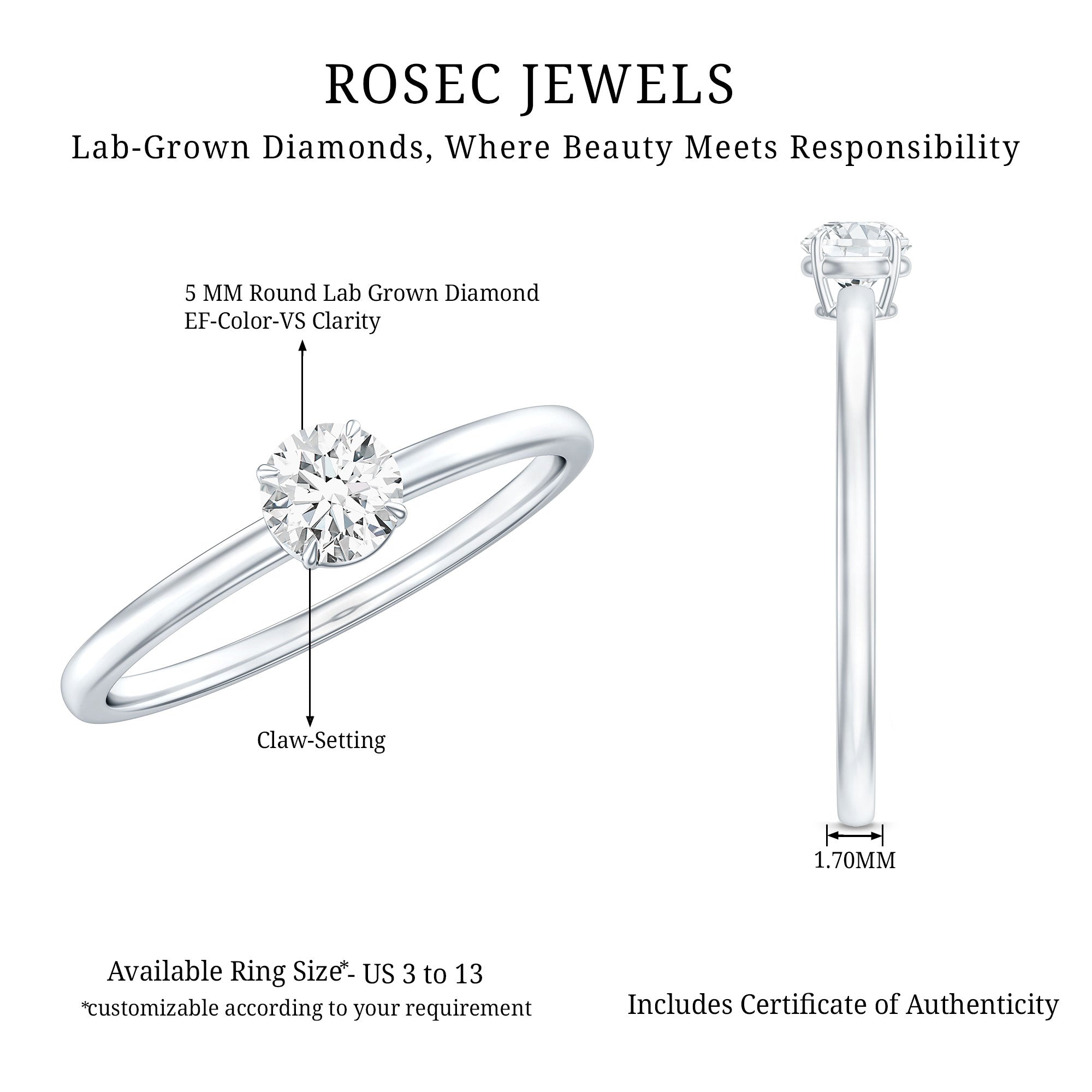 Brilliant Cut Lab Grown Diamond Solitaire Promise Ring Lab - ( EF-VS ) - Rosec Jewels