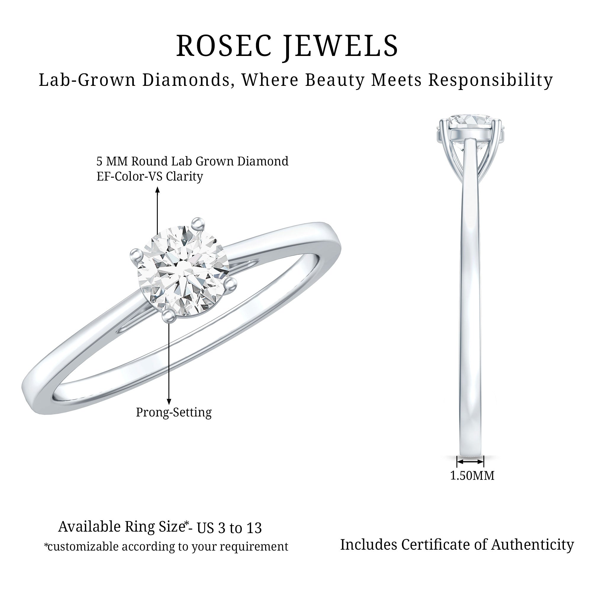 Minimal Round Lab Grown Diamond Solitaire Ring Lab - ( EF-VS ) - Rosec Jewels