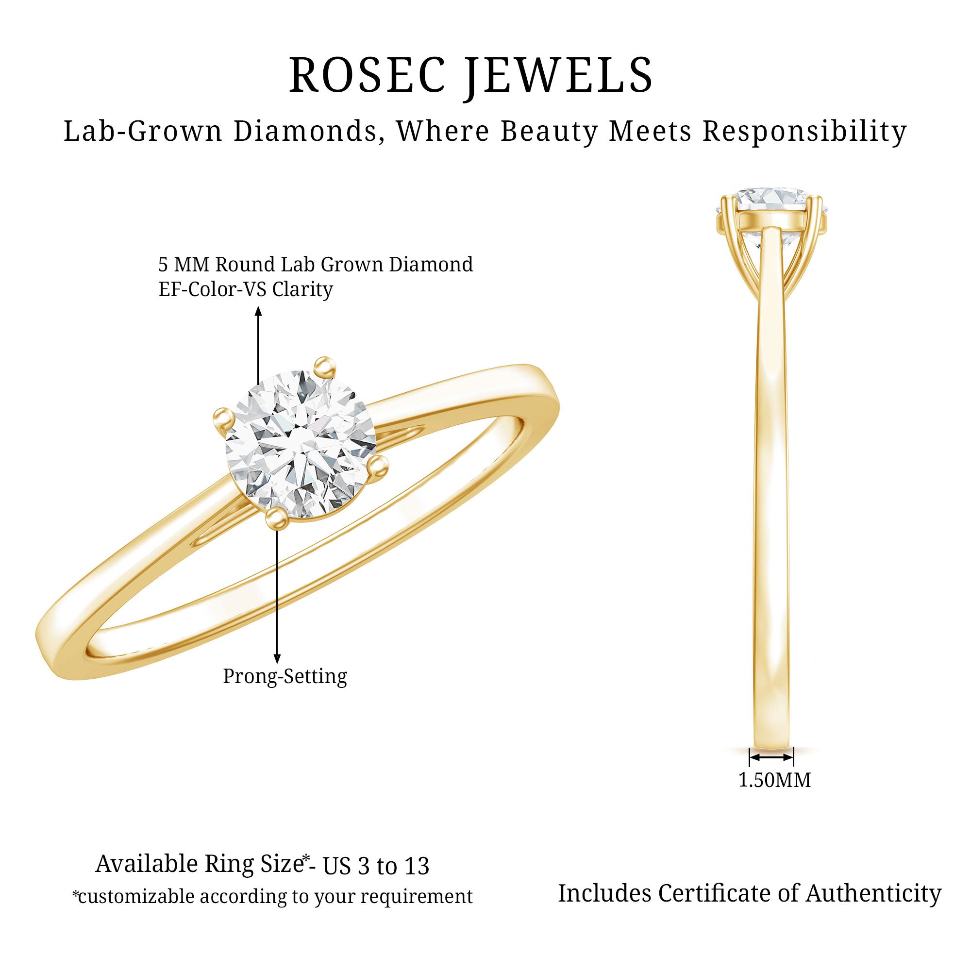 Minimal Round Lab Grown Diamond Solitaire Ring Lab - ( EF-VS ) - Rosec Jewels