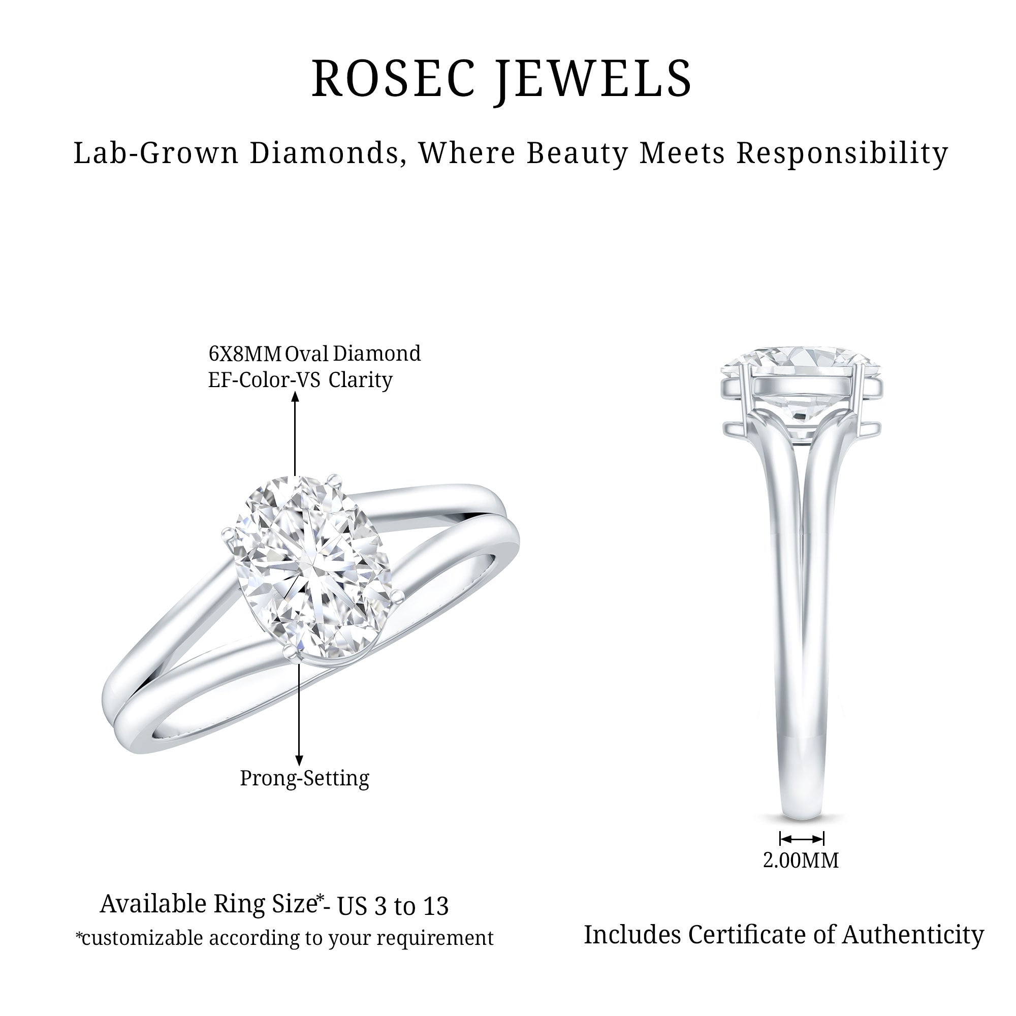 Oval Lab Grown Diamond Solitaire Ring in Split Shank Lab - ( EF-VS ) - Rosec Jewels
