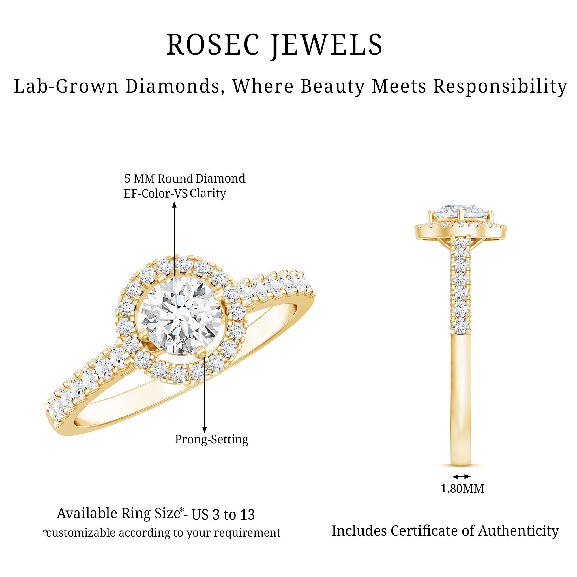5MM Lab Grown Diamond Engagement Ring with Halo Lab - ( EF-VS ) - Rosec Jewels