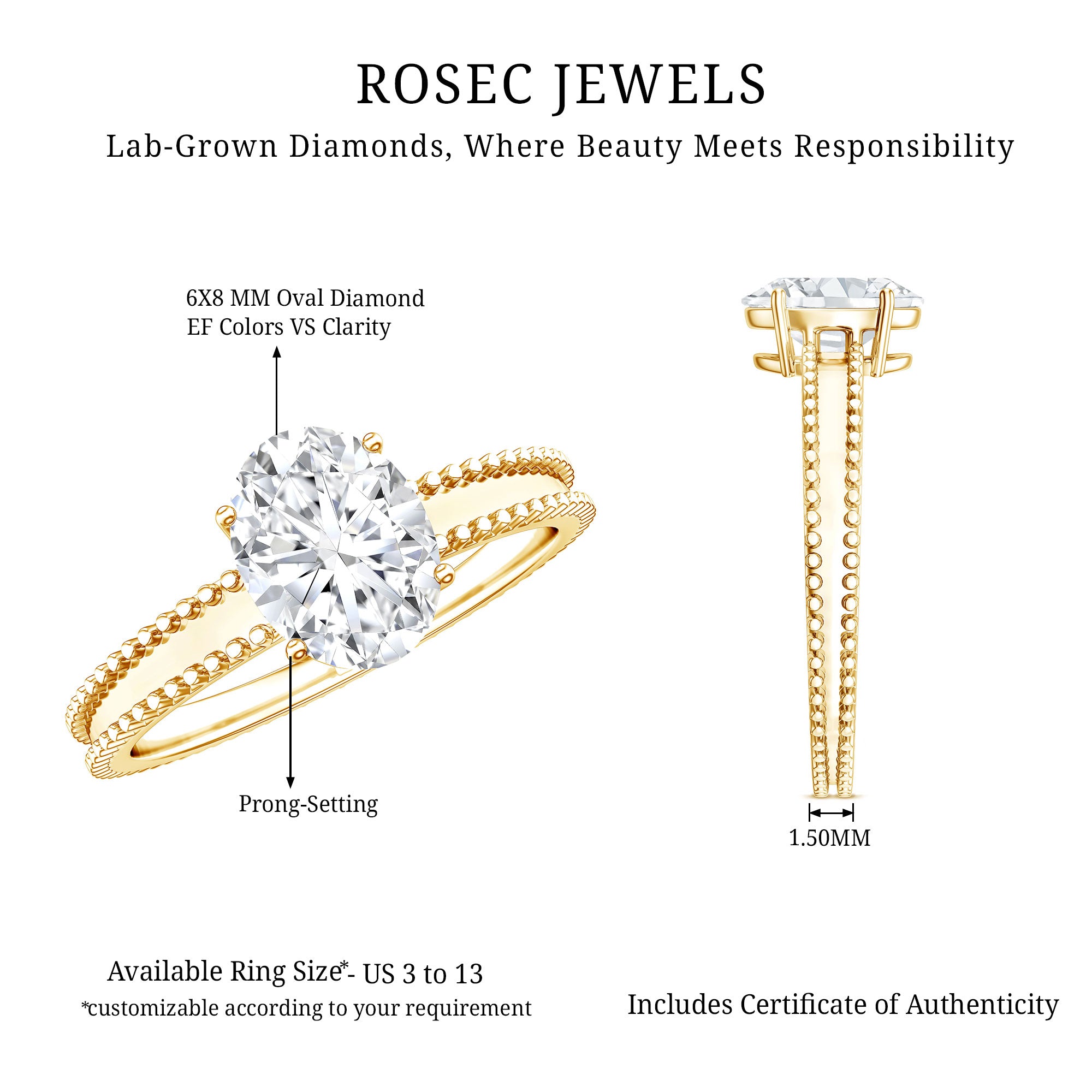 Oval Shaped Lab Grown Diamond Solitaire Ring with Beaded Detailing Lab - ( EF-VS ) - Rosec Jewels