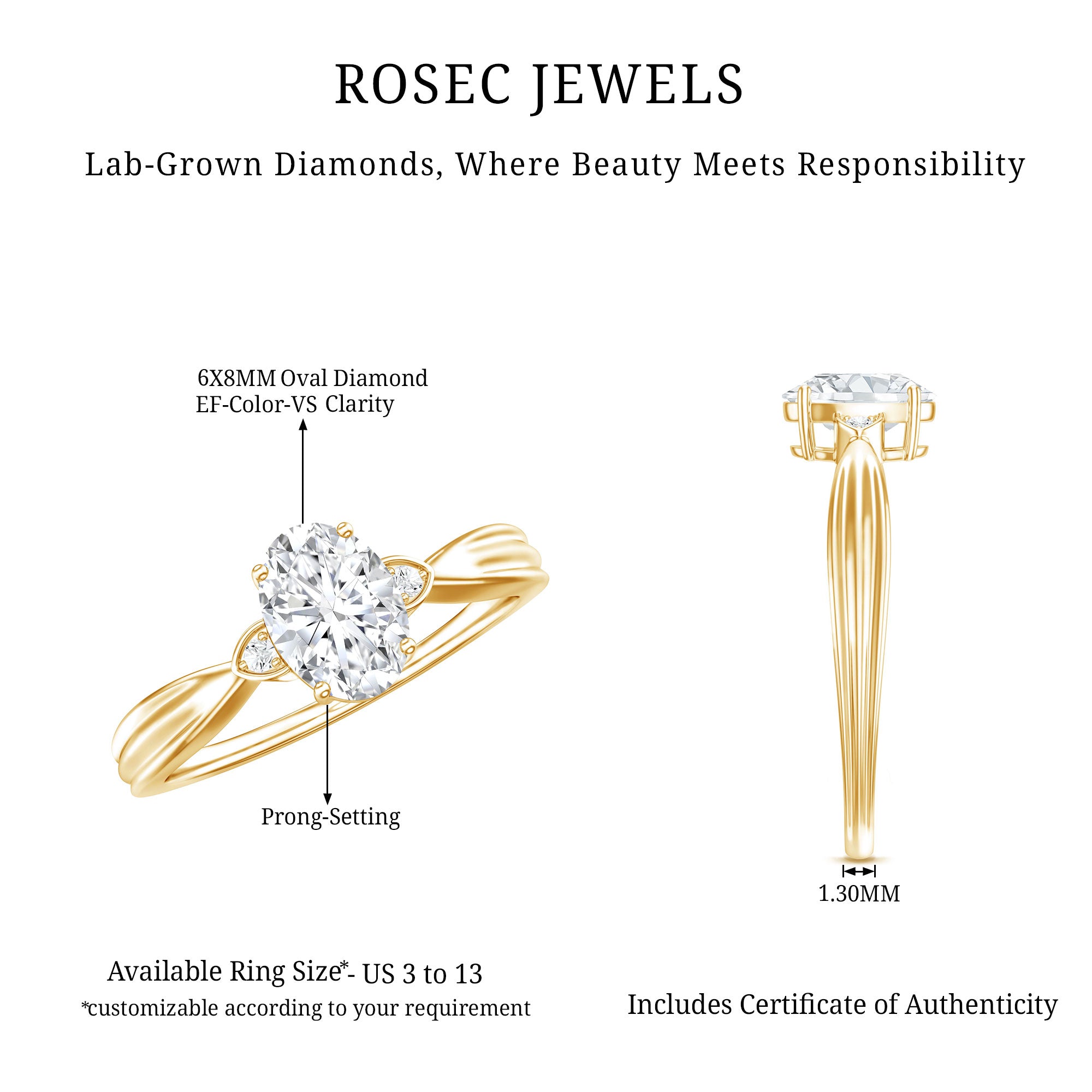 Oval Lab Grown Diamond Simple Solitaire Ring Lab - ( EF-VS ) - Rosec Jewels