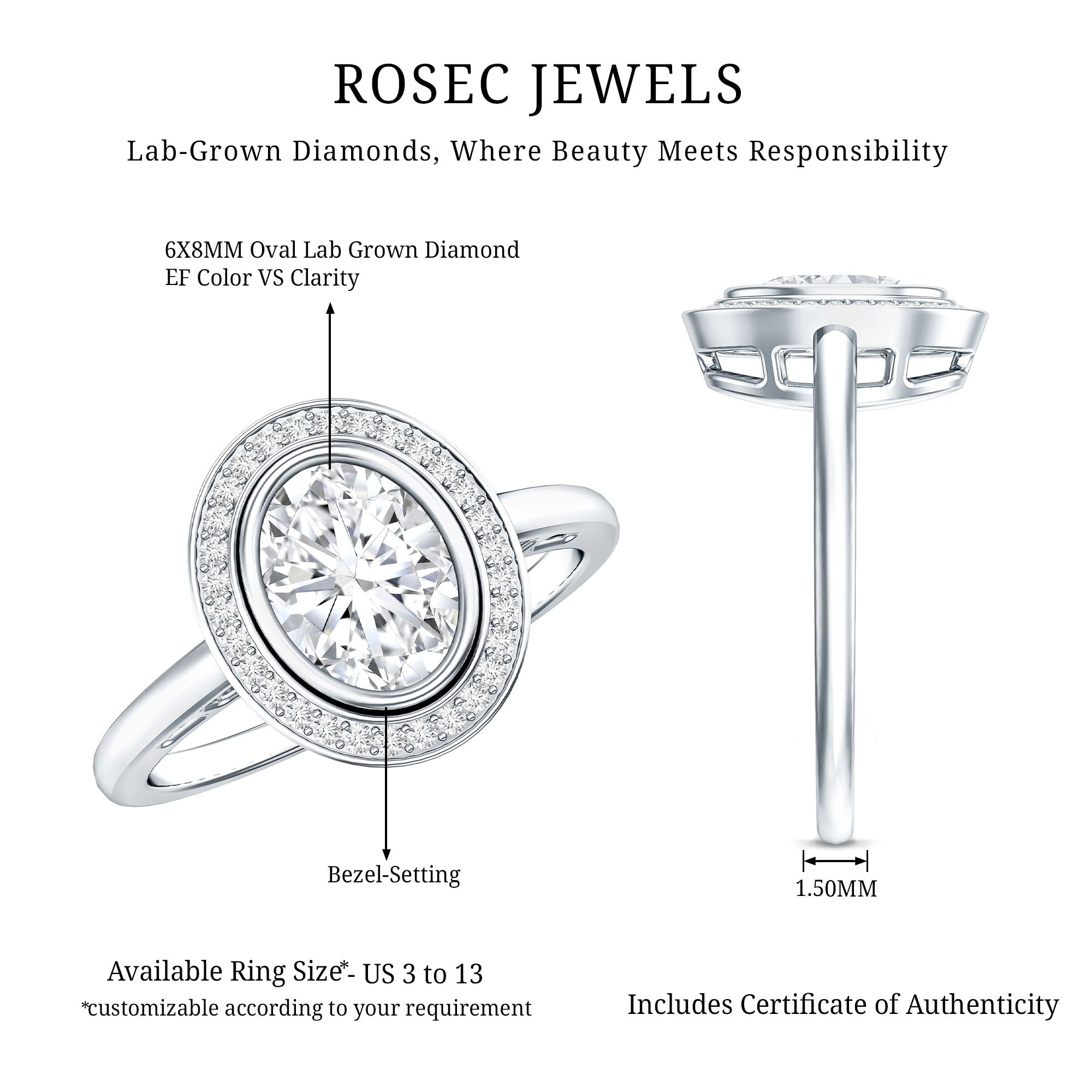 Classic Lab Grown Diamond Engagement Ring with Halo Lab - ( EF-VS ) - Rosec Jewels