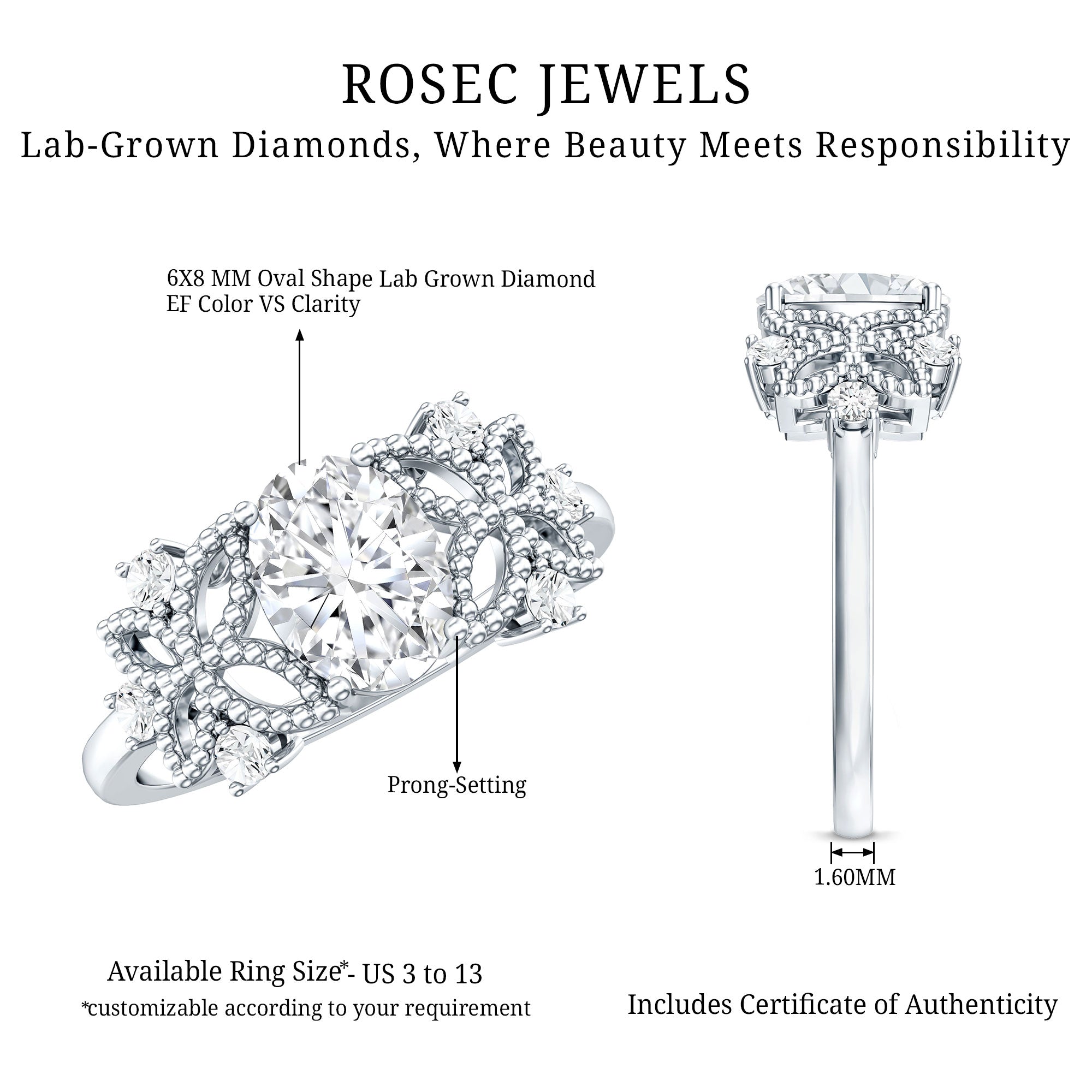 Nature Inspired Lab Grown Diamond Solitaire Engagement Ring Lab - ( EF-VS ) - Rosec Jewels