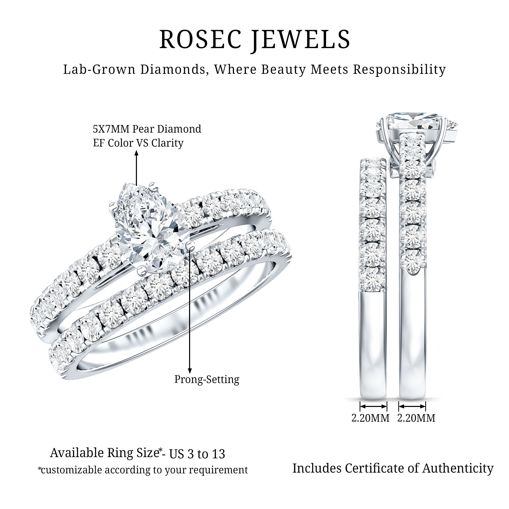 Minimal Pear Shape Lab Grown Diamond Wedding Ring Set Lab - ( EF-VS ) - Rosec Jewels