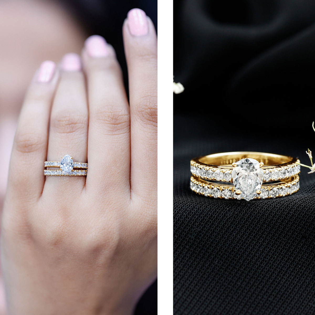 Minimal Pear Shape Lab Grown Diamond Wedding Ring Set Lab - ( EF-VS ) - Rosec Jewels
