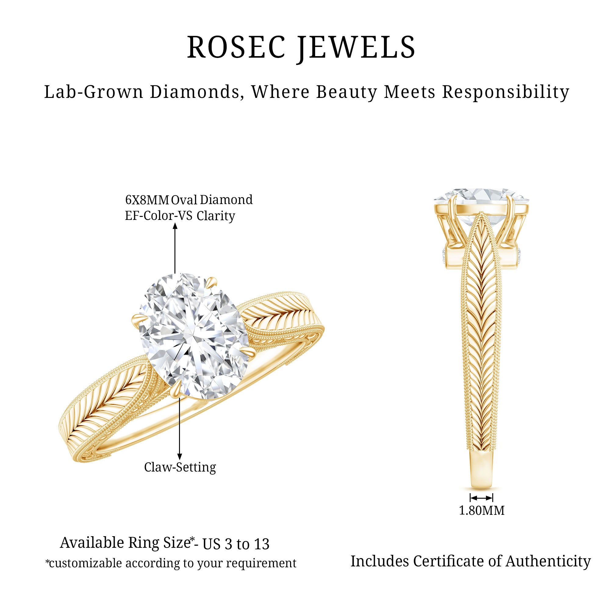 Claw Set Oval Shape Lab Grown Diamond Solitaire Engagement Ring Lab - ( EF-VS ) - Rosec Jewels