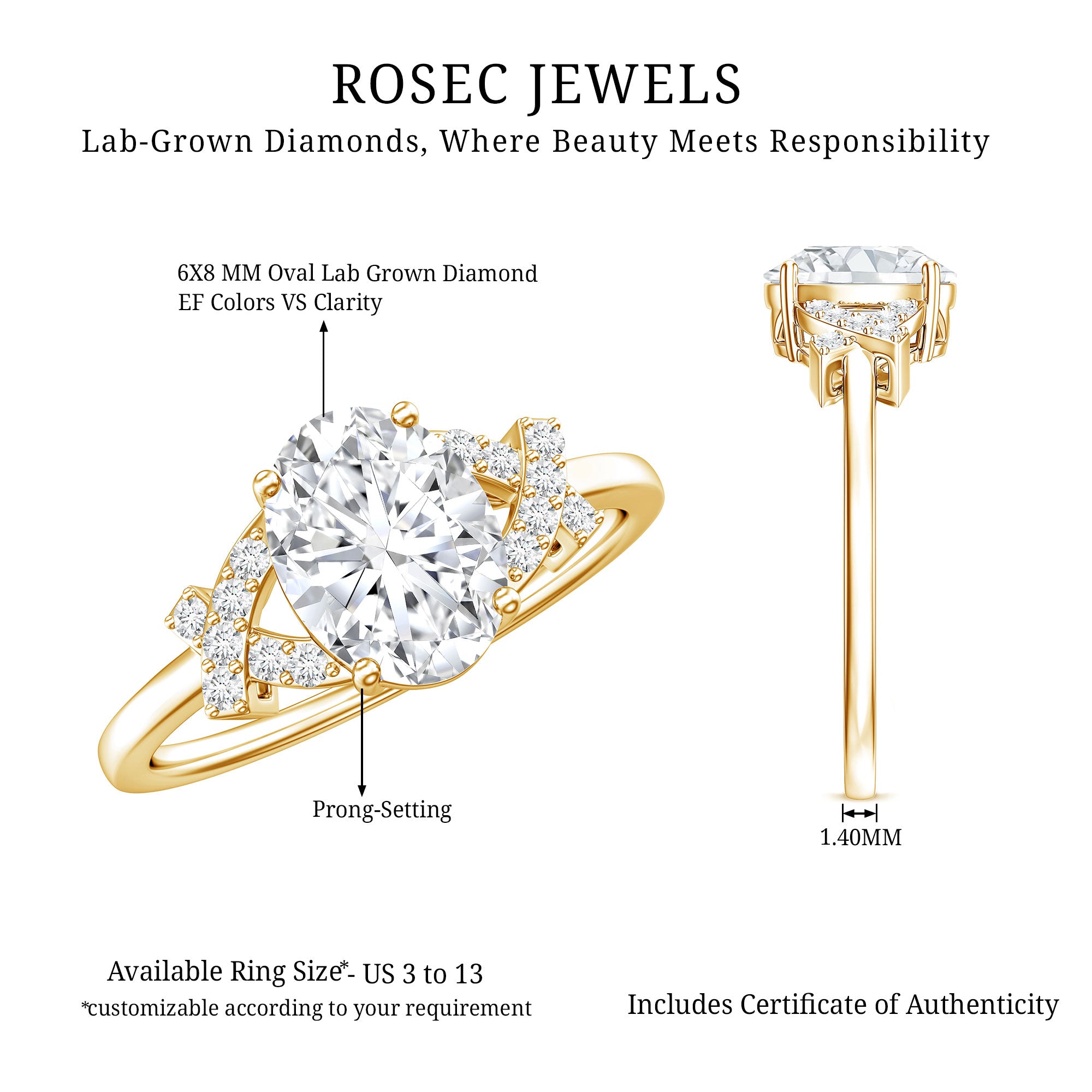 Oval Shape Lab Grown Diamond Solitaire Ring in Split Shank Lab - ( EF-VS ) - Rosec Jewels