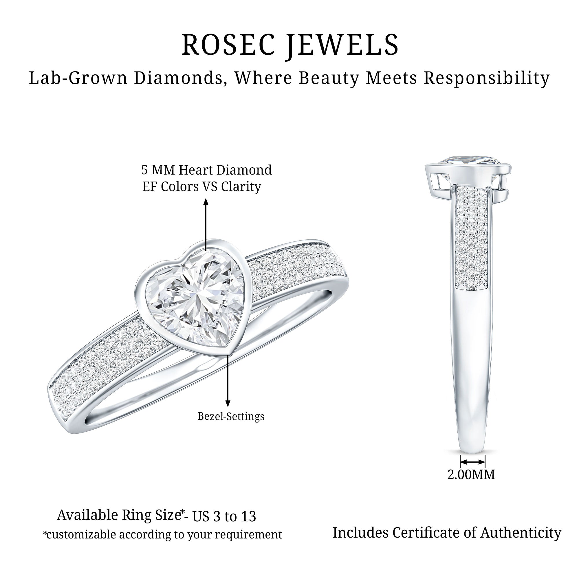 Heart Shape Lab Grown Diamond Solitaire Ring with Side Stones Lab - ( EF-VS ) - Rosec Jewels