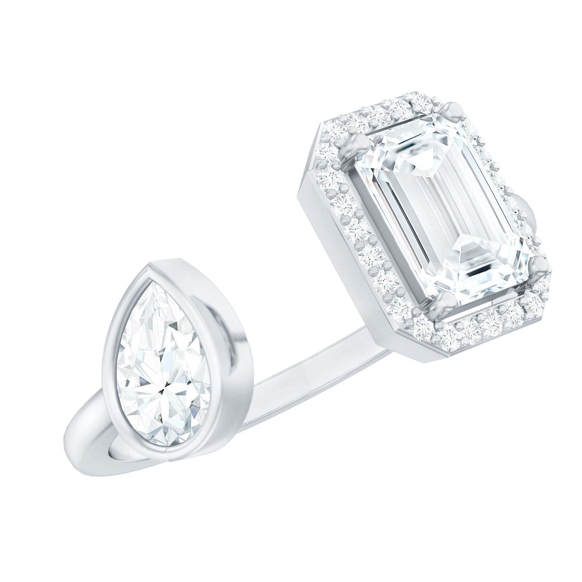Two Stone Moissanite Pear and Emerald Cut Ring