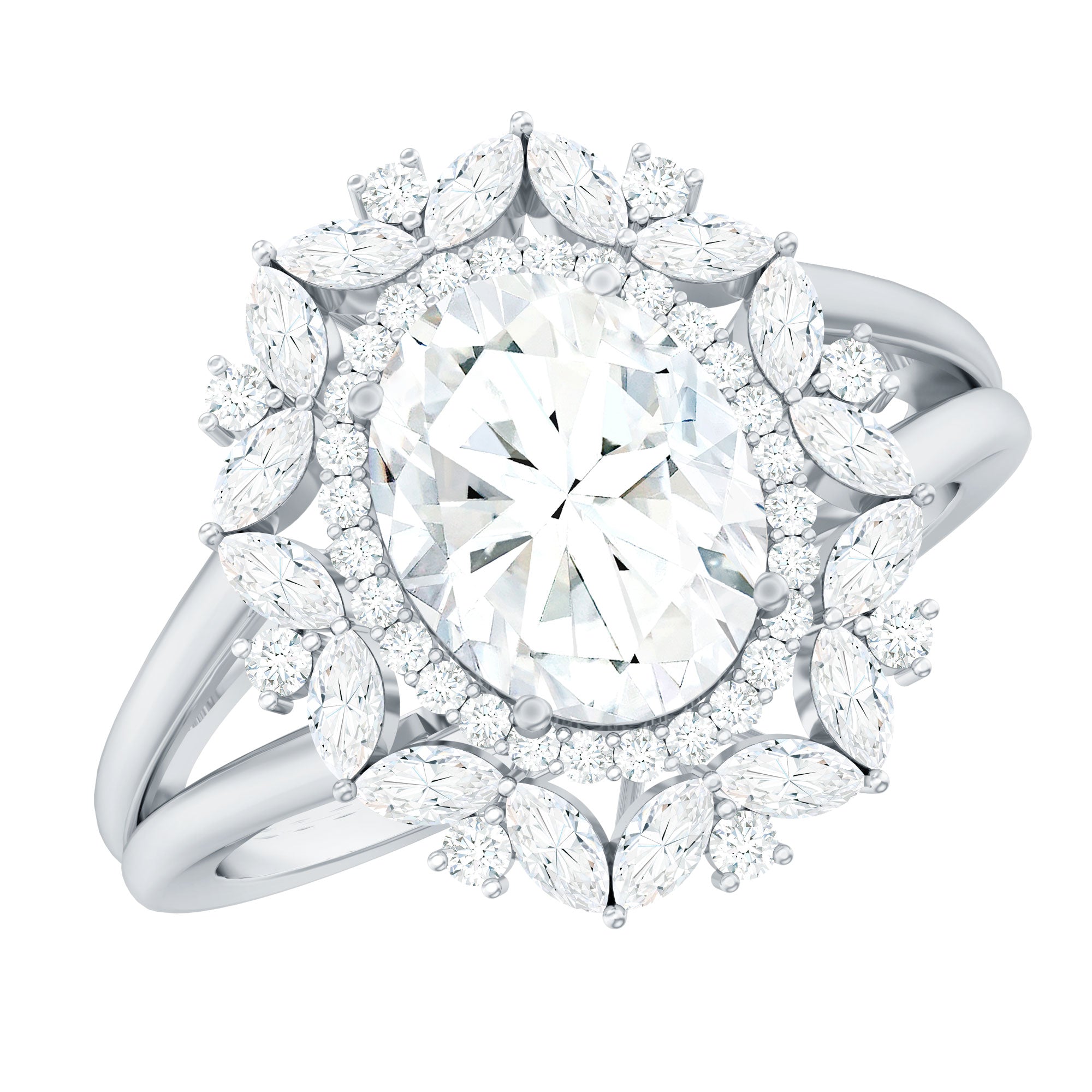 Certified 7X9 MM Oval Moissanite Double Halo Engagement Ring