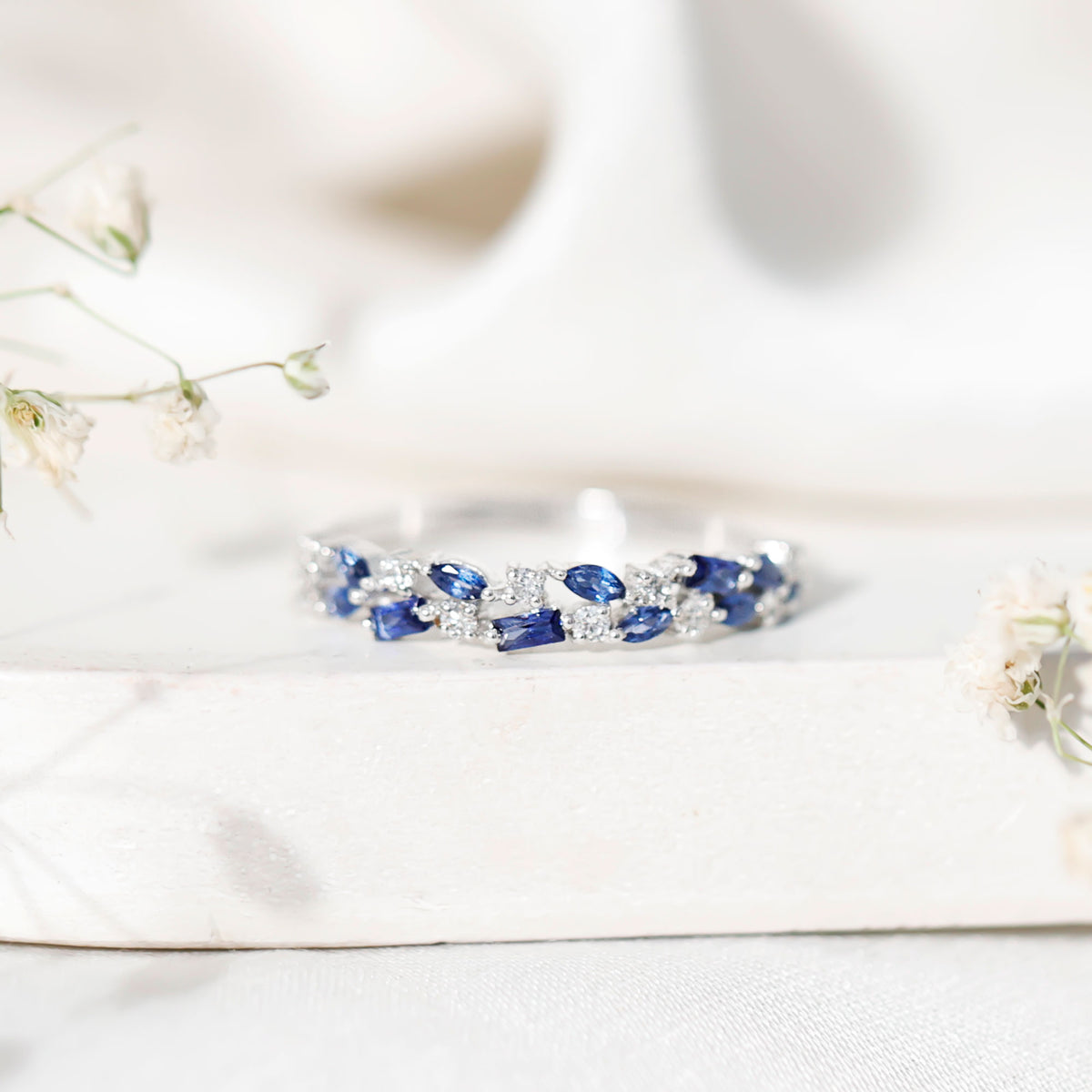 Certified Lab Grown Blue Sapphire Diamond Half Eternity Band Ring AAAA - Rosec Jewels