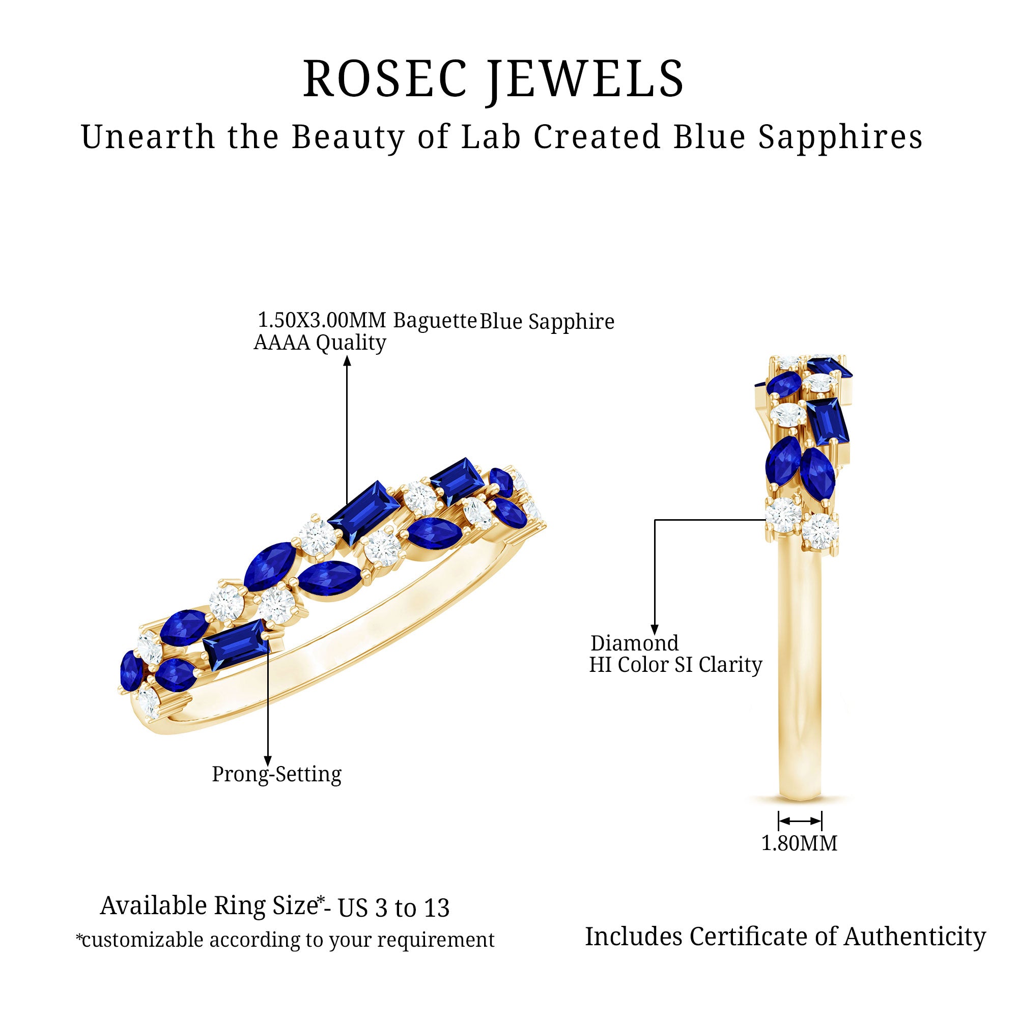 Certified Lab Grown Blue Sapphire Diamond Half Eternity Band Ring AAAA - Rosec Jewels