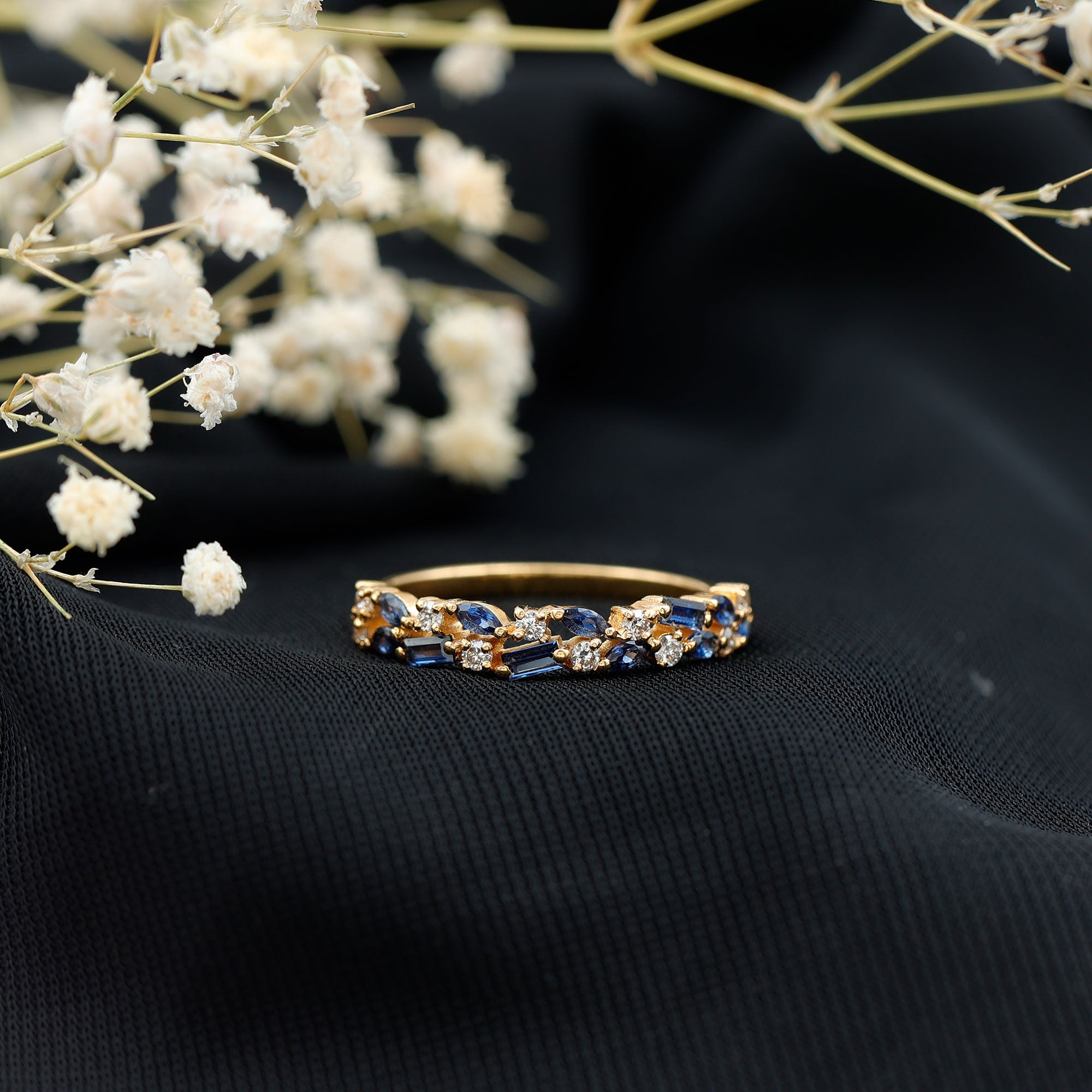 Certified Lab Grown Blue Sapphire Diamond Half Eternity Band Ring AAAA - Rosec Jewels