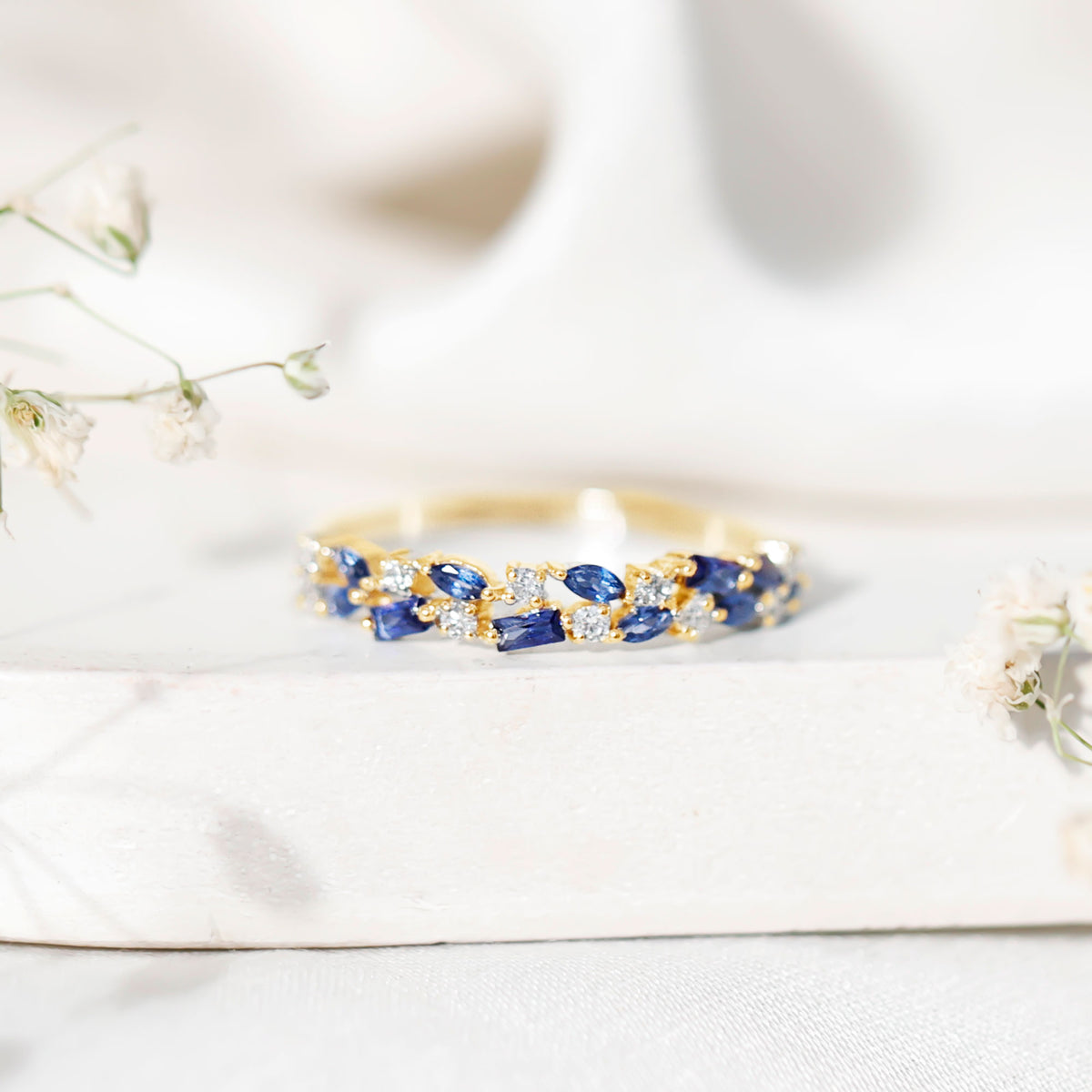 Certified Lab Grown Blue Sapphire Diamond Half Eternity Band Ring AAAA - Rosec Jewels