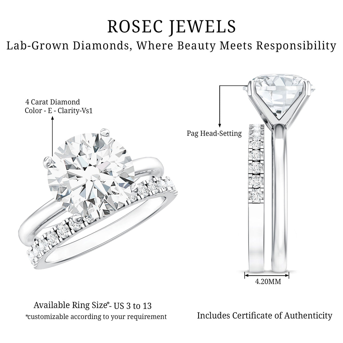 IGI Graded 4 Carat Lab Diamond Round Engagement Ring with Enhancer Lab - ( E-VS1 ) - Rosec Jewels